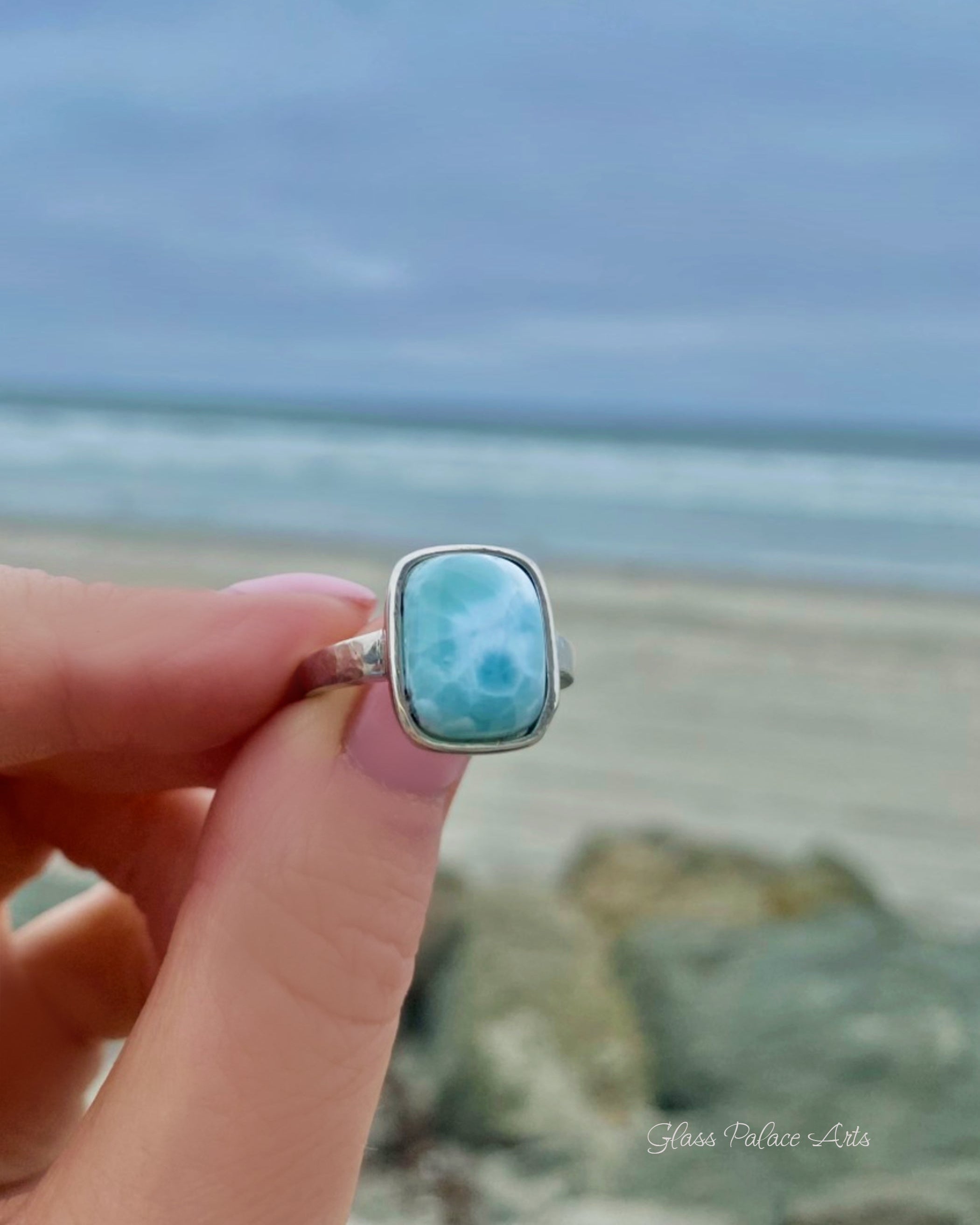 Larimar Ring For Women With Hammered Sterling Silver Band - Caribbean Statement Ring