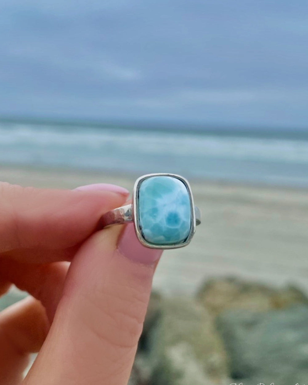 Larimar Ring For Women With Hammered Sterling Silver Band - Caribbean Statement Ring