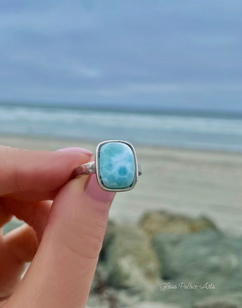 Larimar Ring For Women With Hammered Sterling Silver Band - Caribbean Statement Ring