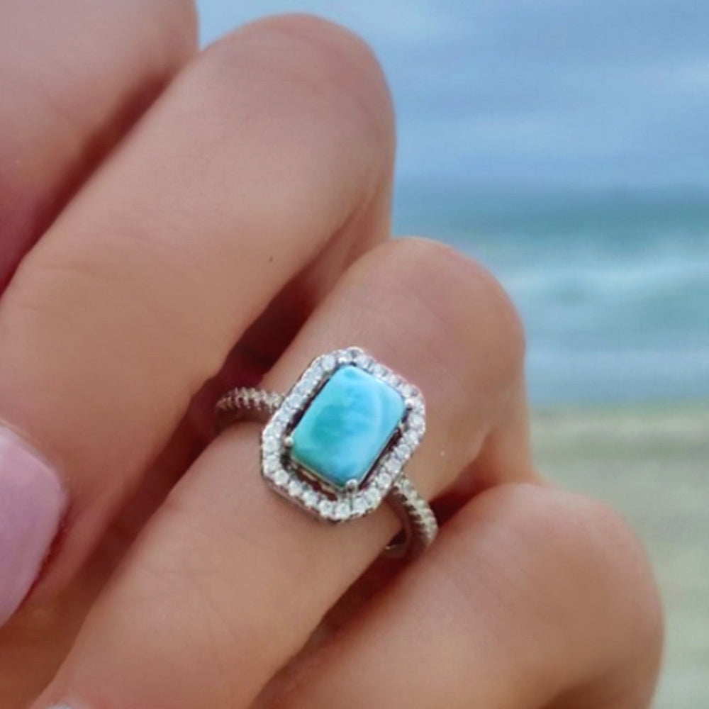 Sterling Silver Larimar Ring For Women - Radiant Cut With Cubic Zirconia