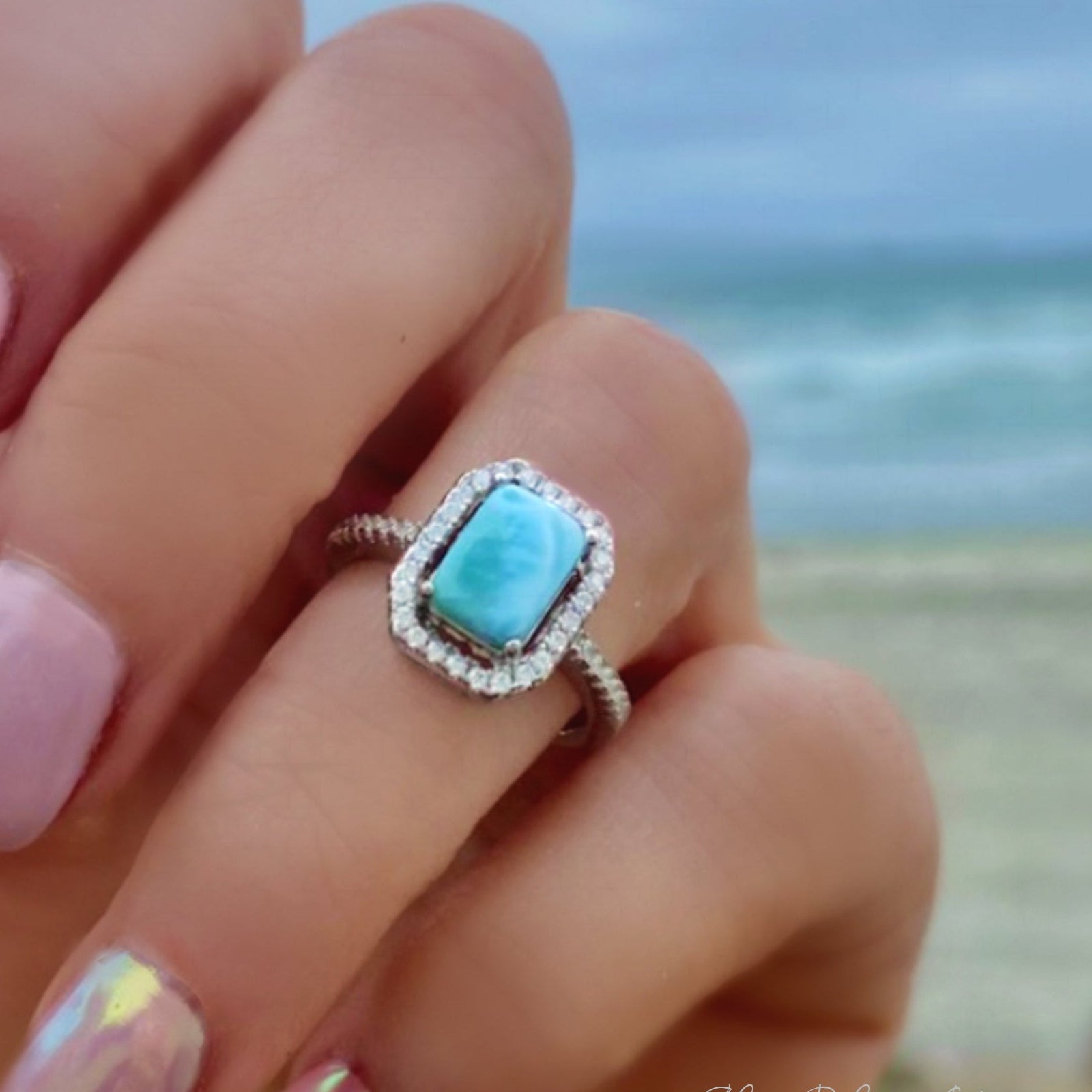 Sterling Silver Larimar Ring For Women - Radiant Cut With Cubic Zirconia