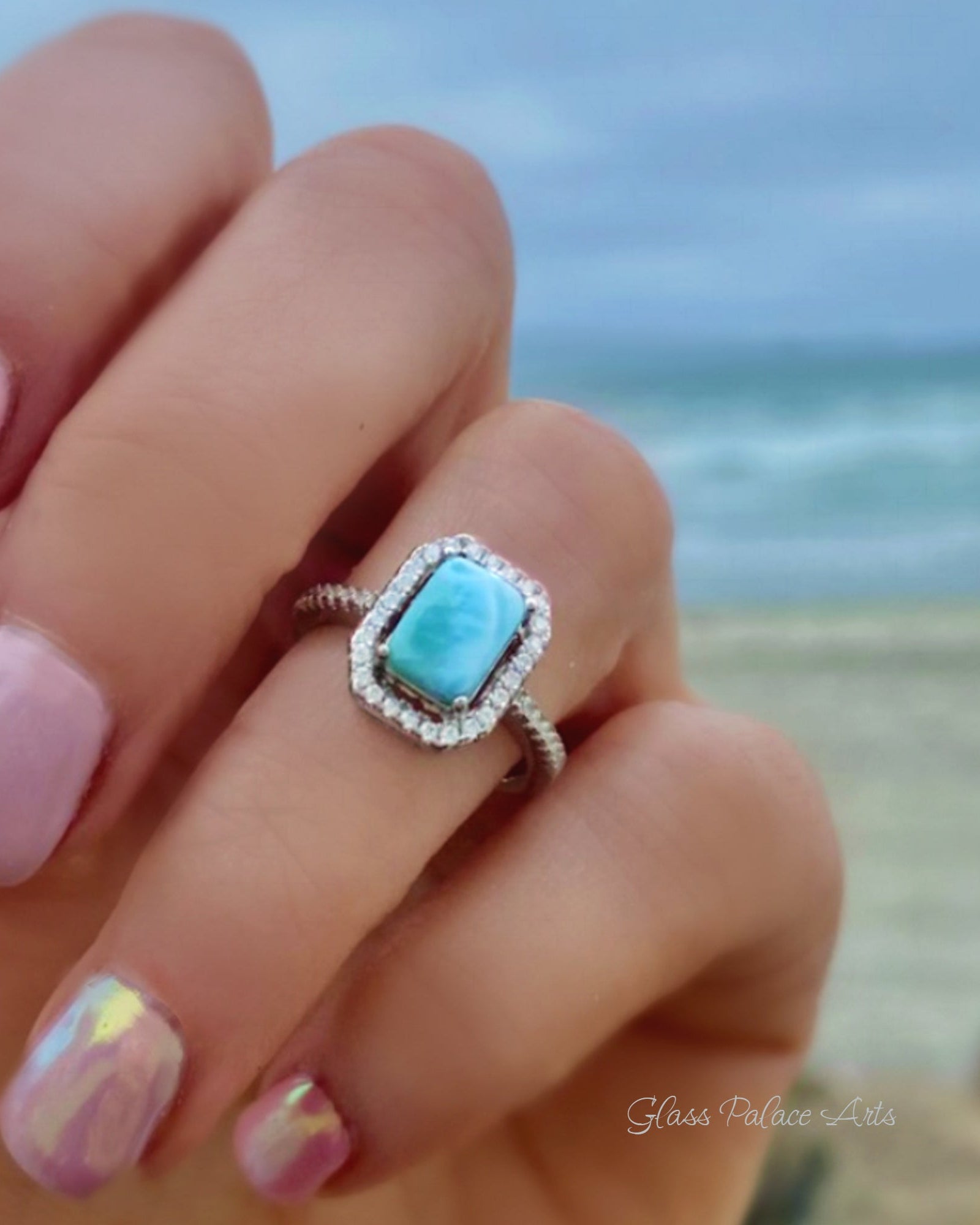 Sterling Silver Larimar Ring For Women - Radiant Cut With Cubic Zirconia