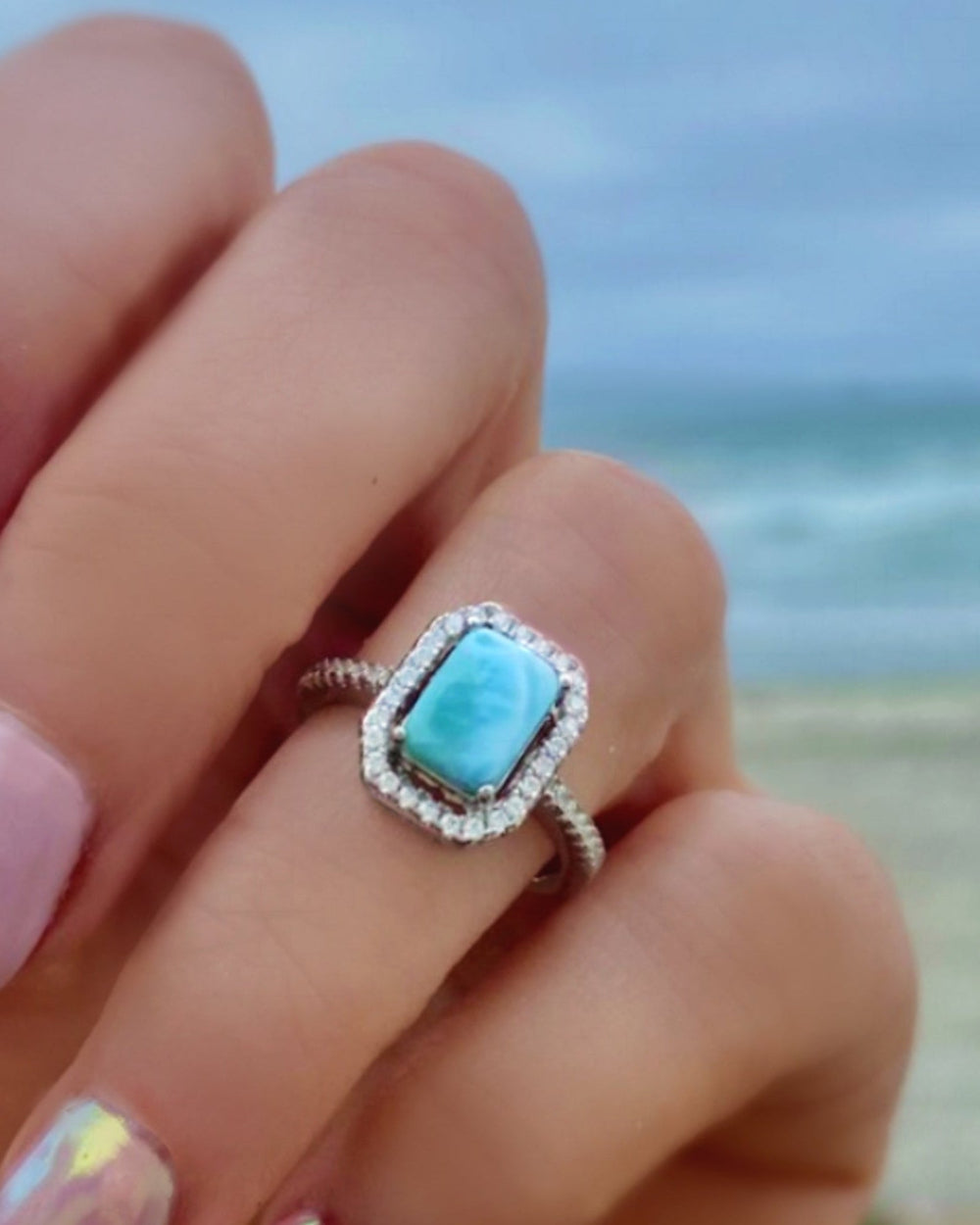 Sterling Silver Larimar Ring For Women - Radiant Cut With Cubic Zirconia