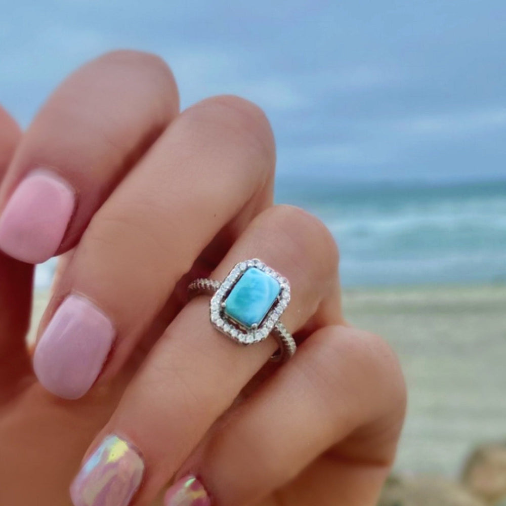 Sterling Silver Larimar Ring For Women - Radiant Cut With Cubic Zirconia