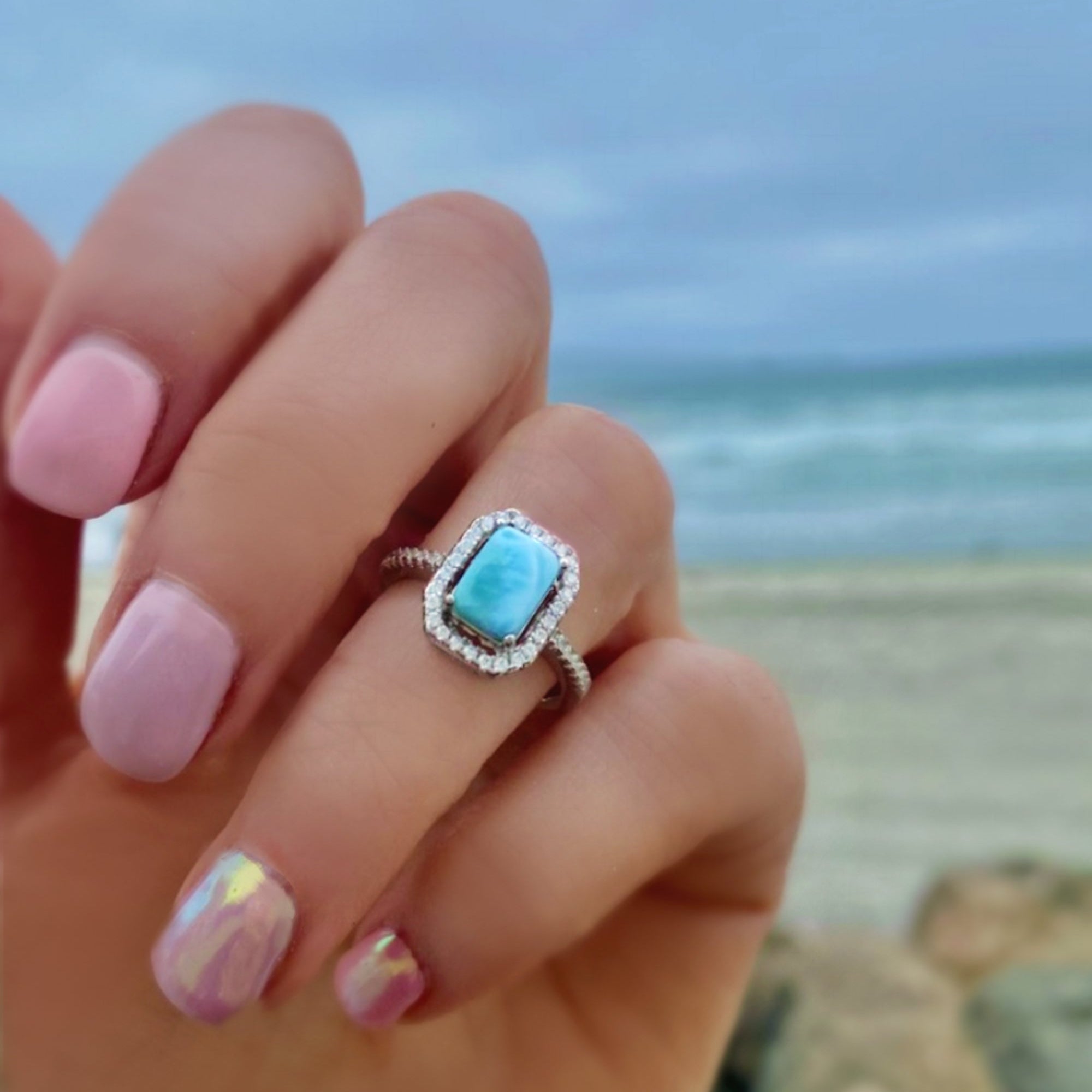 Sterling Silver Larimar Ring For Women - Radiant Cut With Cubic Zirconia