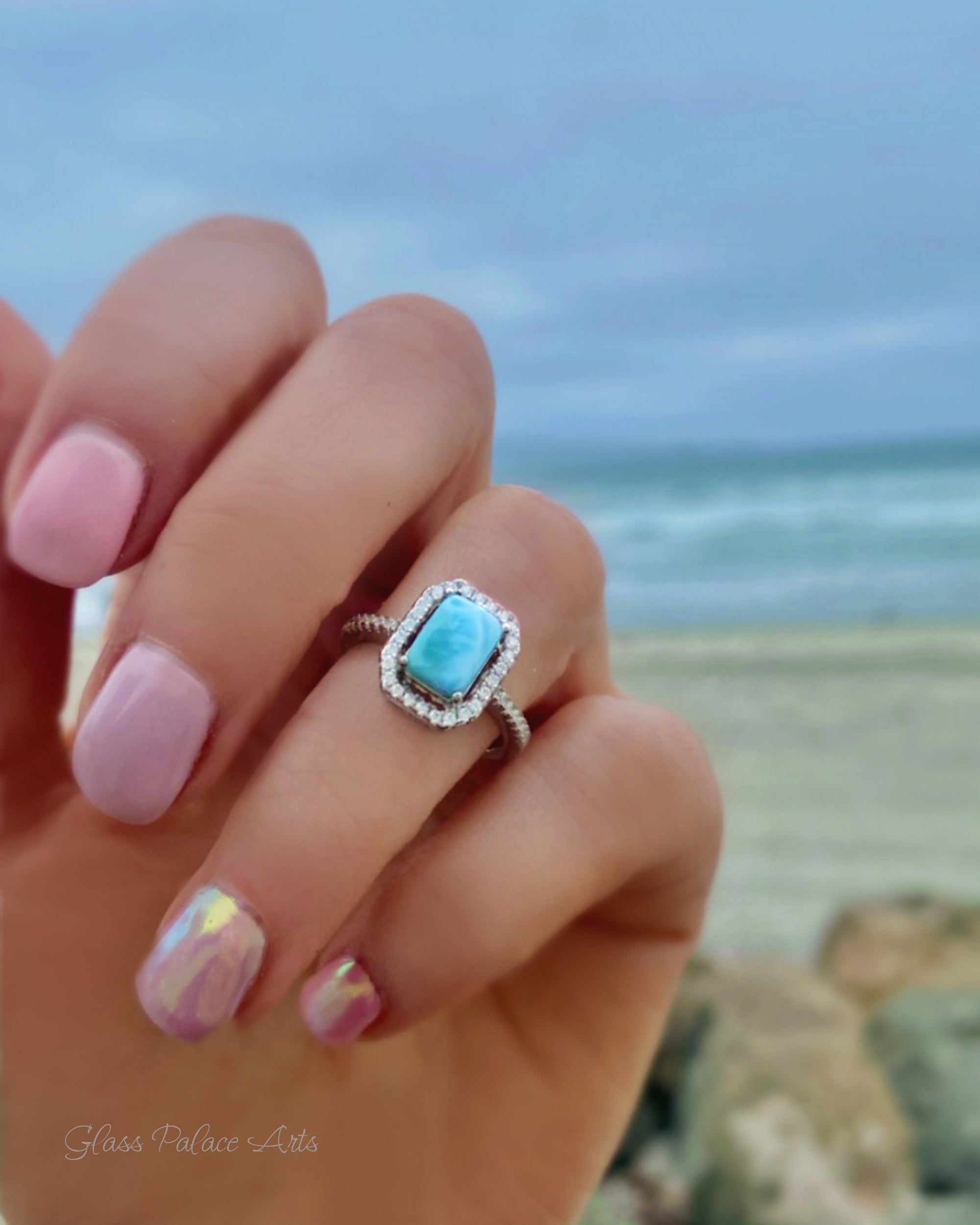 Sterling Silver Larimar Ring For Women - Radiant Cut With Cubic Zirconia