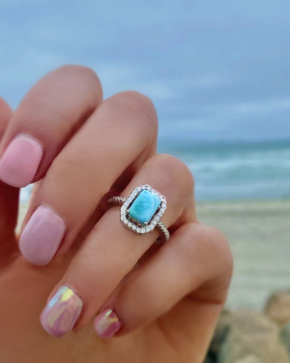 Sterling Silver Larimar Ring For Women - Radiant Cut With Cubic Zirconia