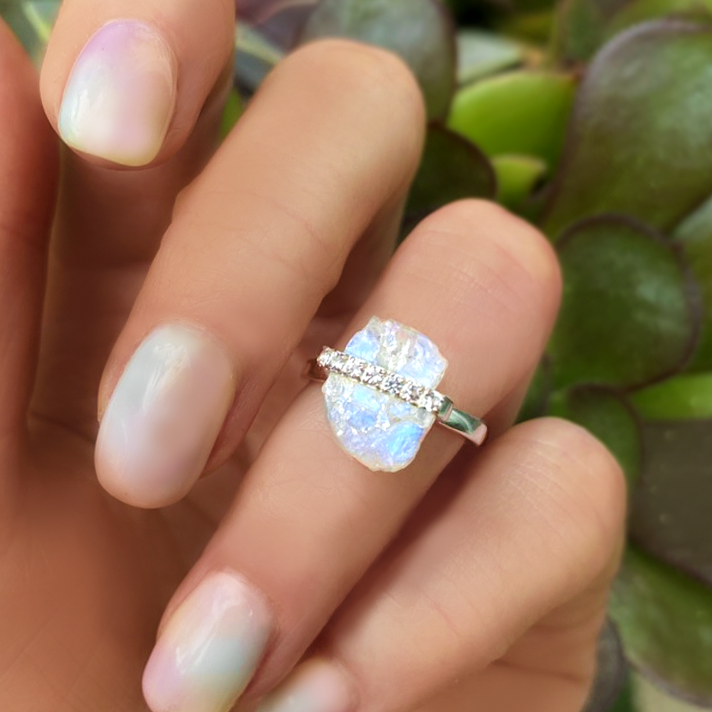Moonstone Raw Crystal & White Topaz Ring - 925 Sterling Silver