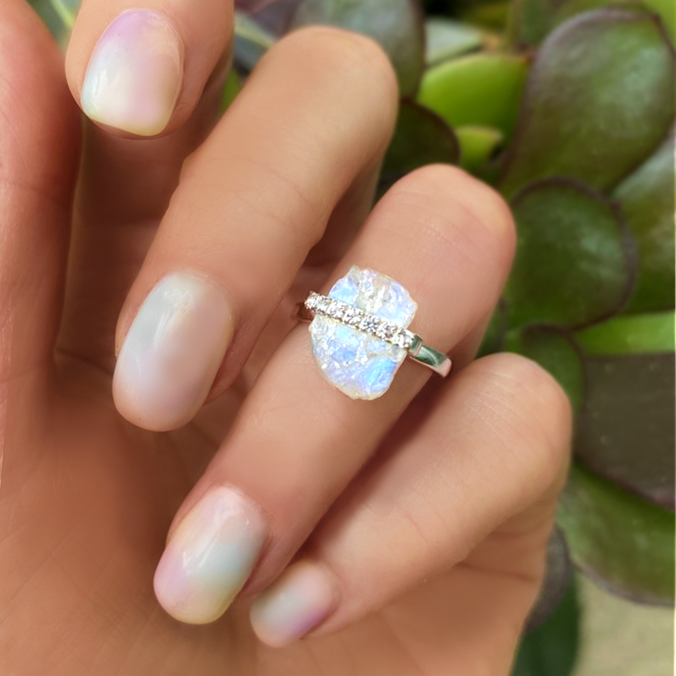 Moonstone Raw Crystal & White Topaz Ring - 925 Sterling Silver