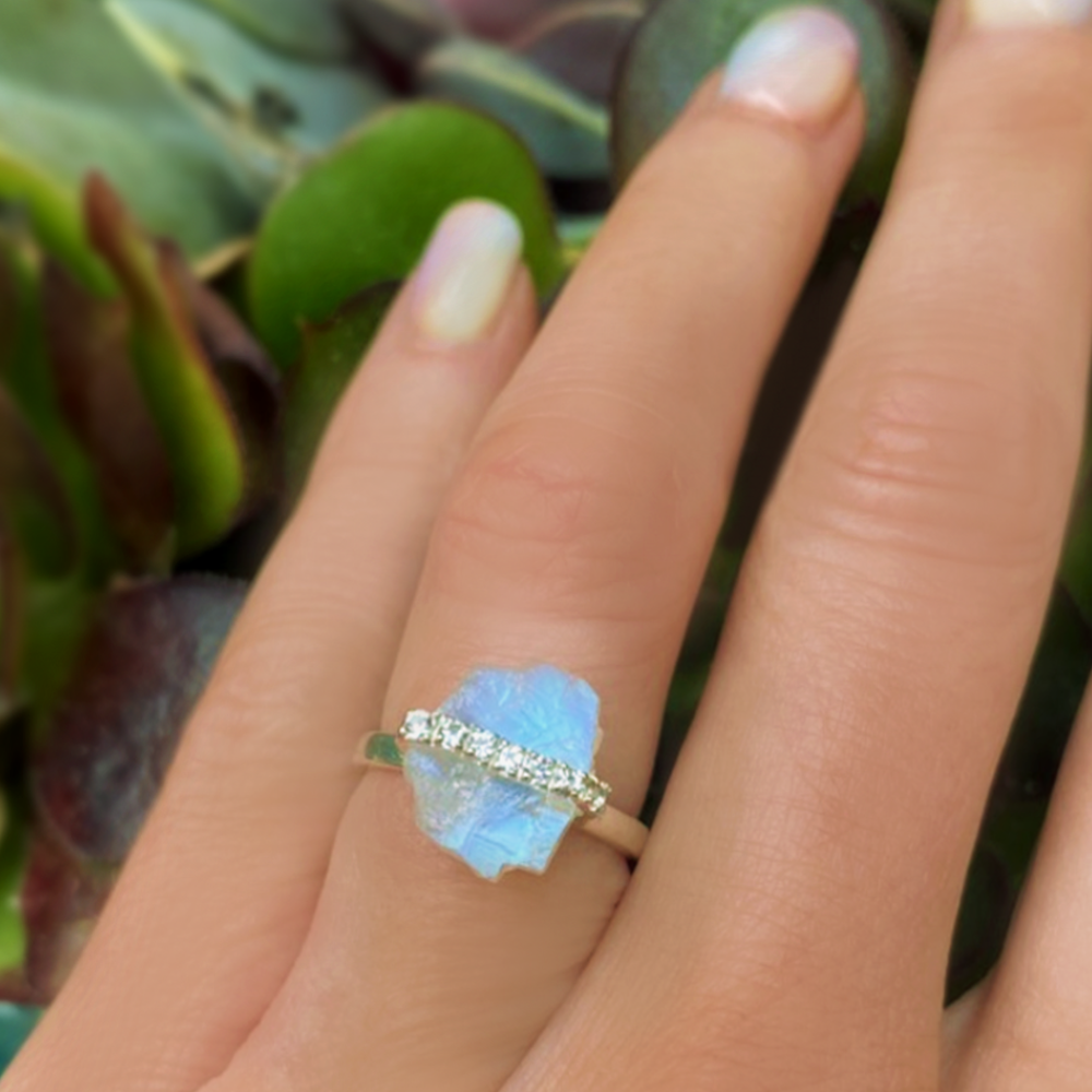 Moonstone Raw Crystal & White Topaz Ring - 925 Sterling Silver