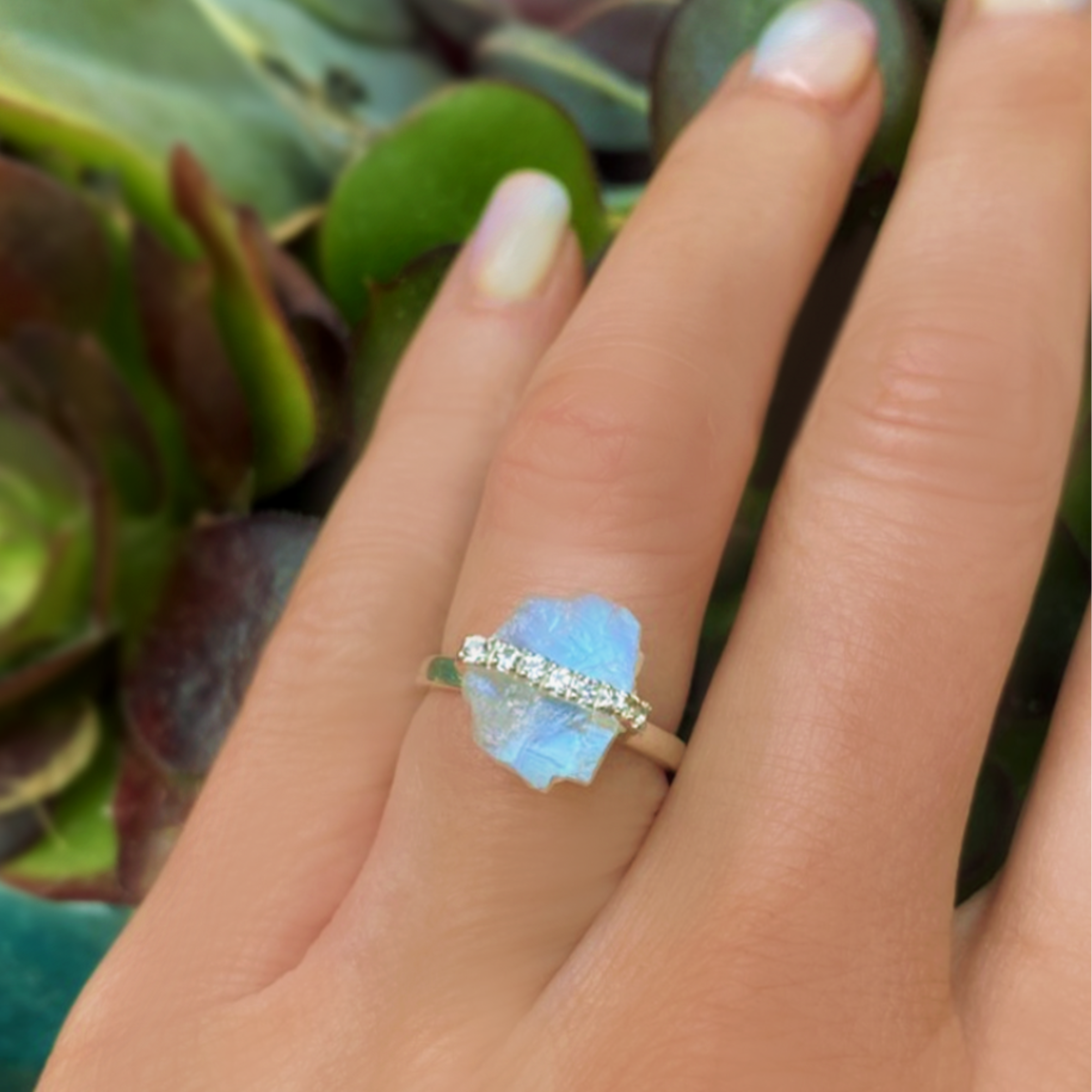 Moonstone Raw Crystal & White Topaz Ring - 925 Sterling Silver
