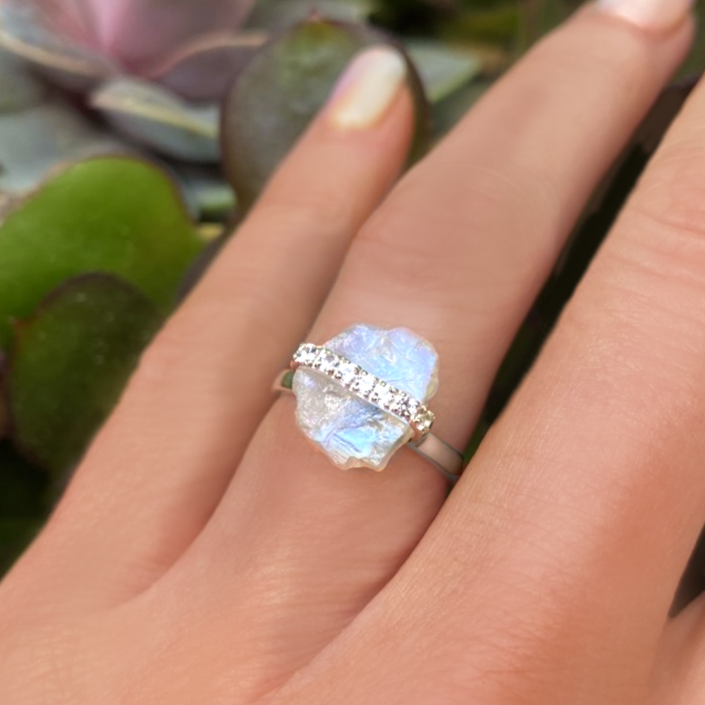 Moonstone Raw Crystal & White Topaz Ring - 925 Sterling Silver