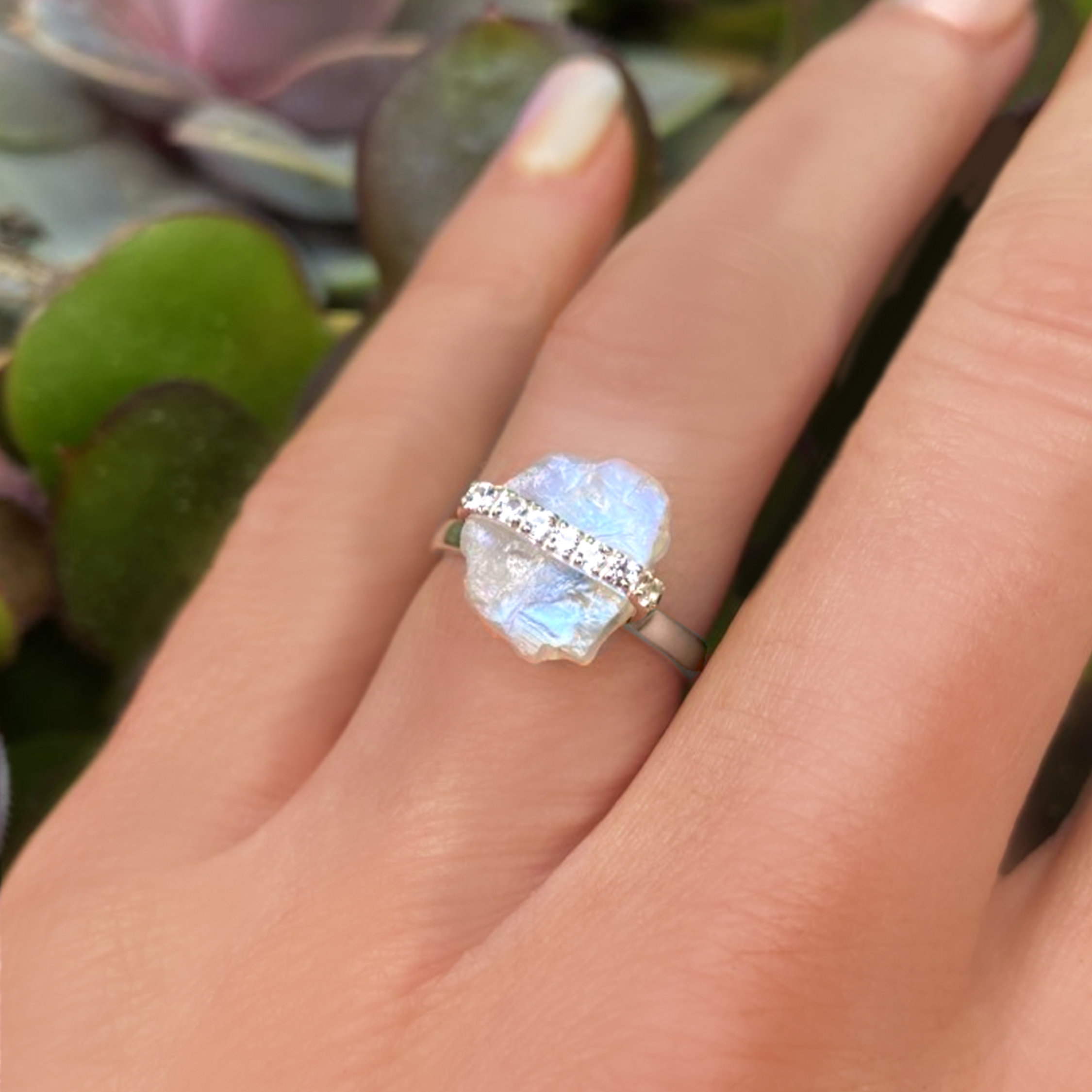 Moonstone Raw Crystal & White Topaz Ring - 925 Sterling Silver