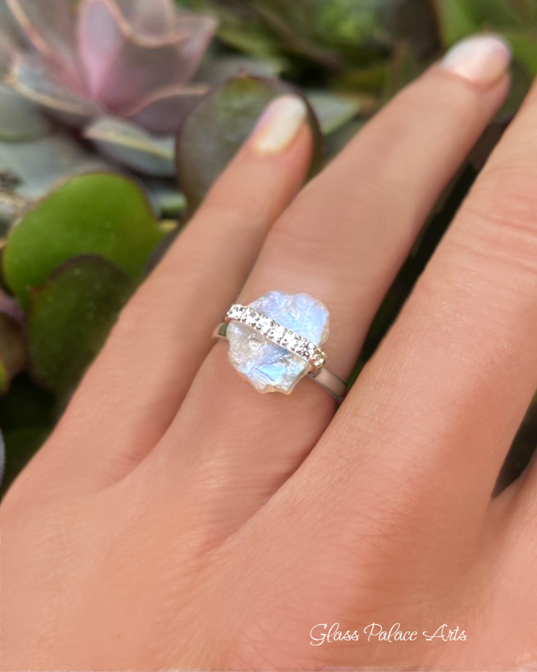 Moonstone Raw Crystal & White Topaz Ring - 925 Sterling Silver