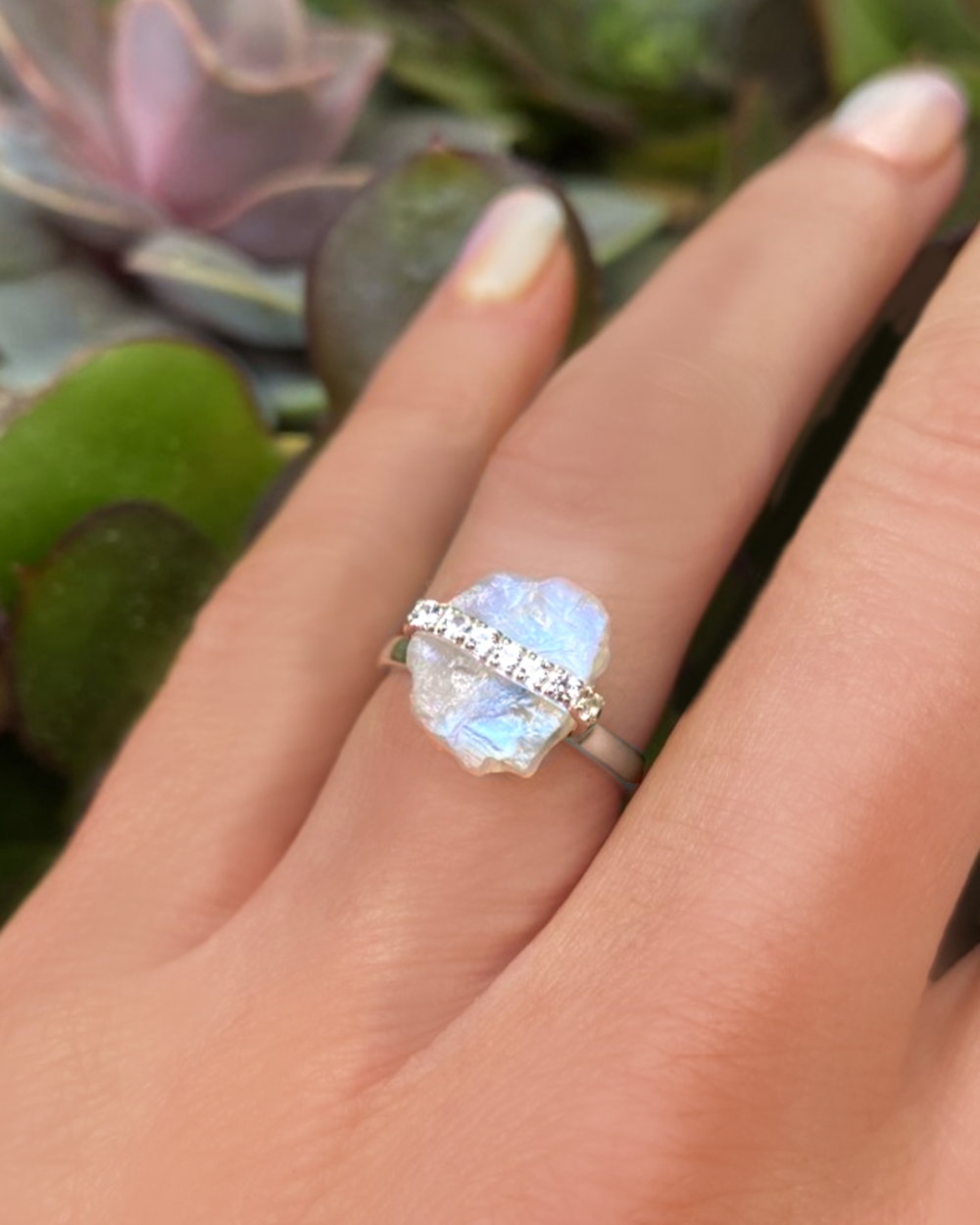 Moonstone Raw Crystal & White Topaz Ring - 925 Sterling Silver