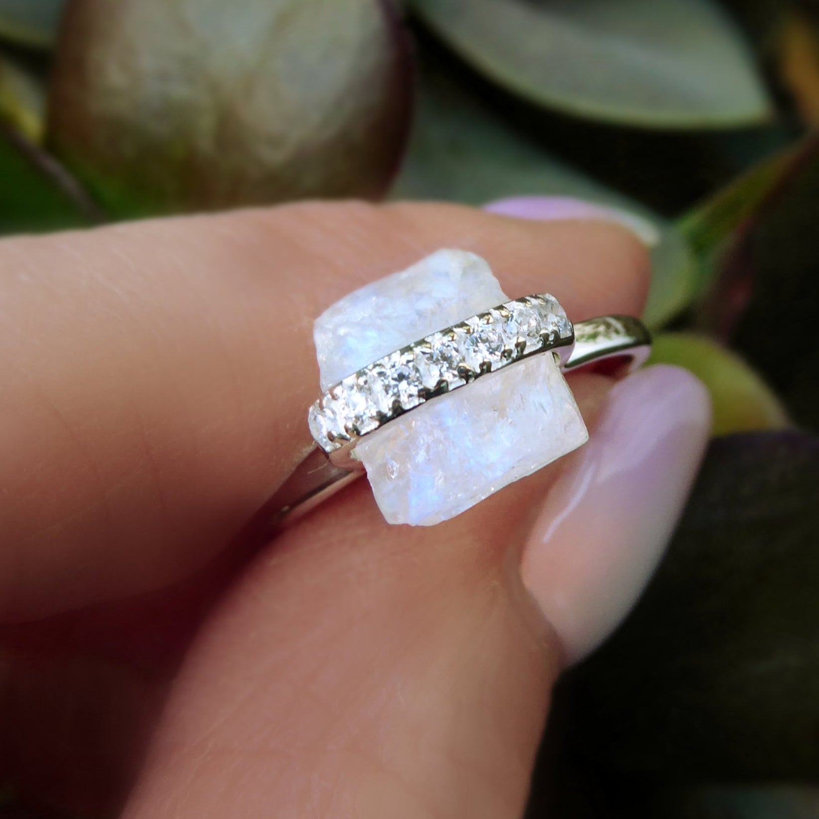 Moonstone Raw Crystal & White Topaz Ring - 925 Sterling Silver