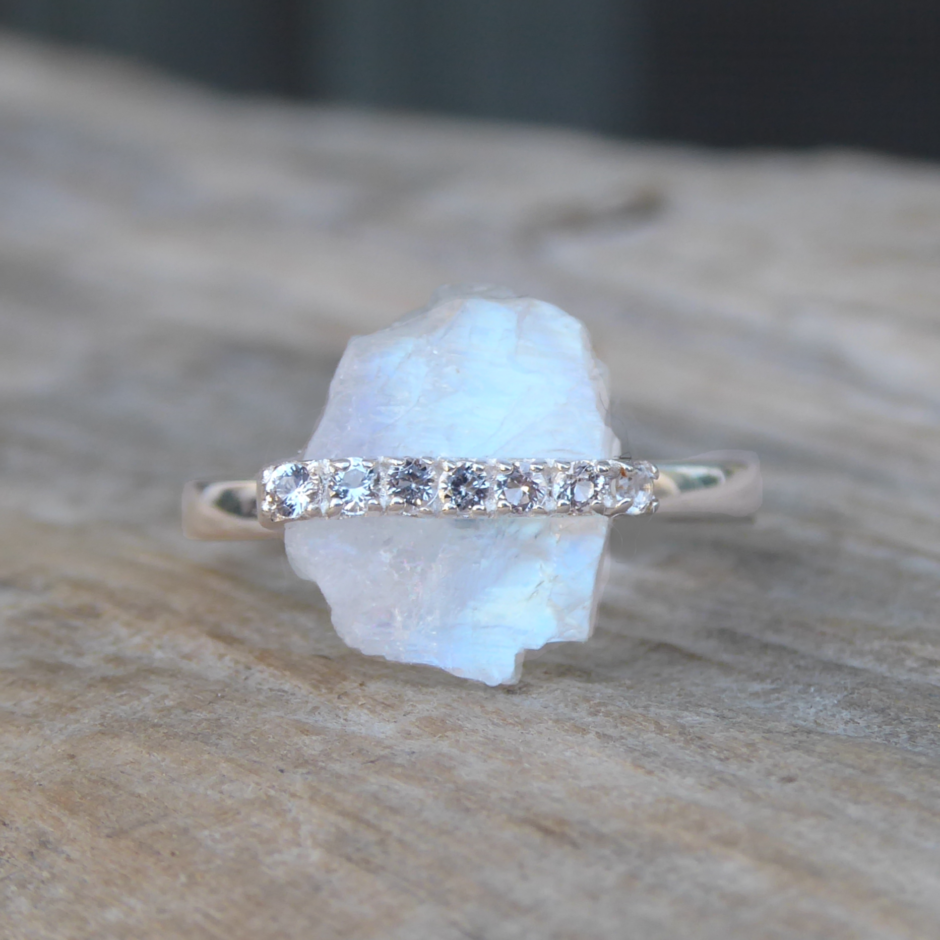 Moonstone Raw Crystal & White Topaz Ring - 925 Sterling Silver