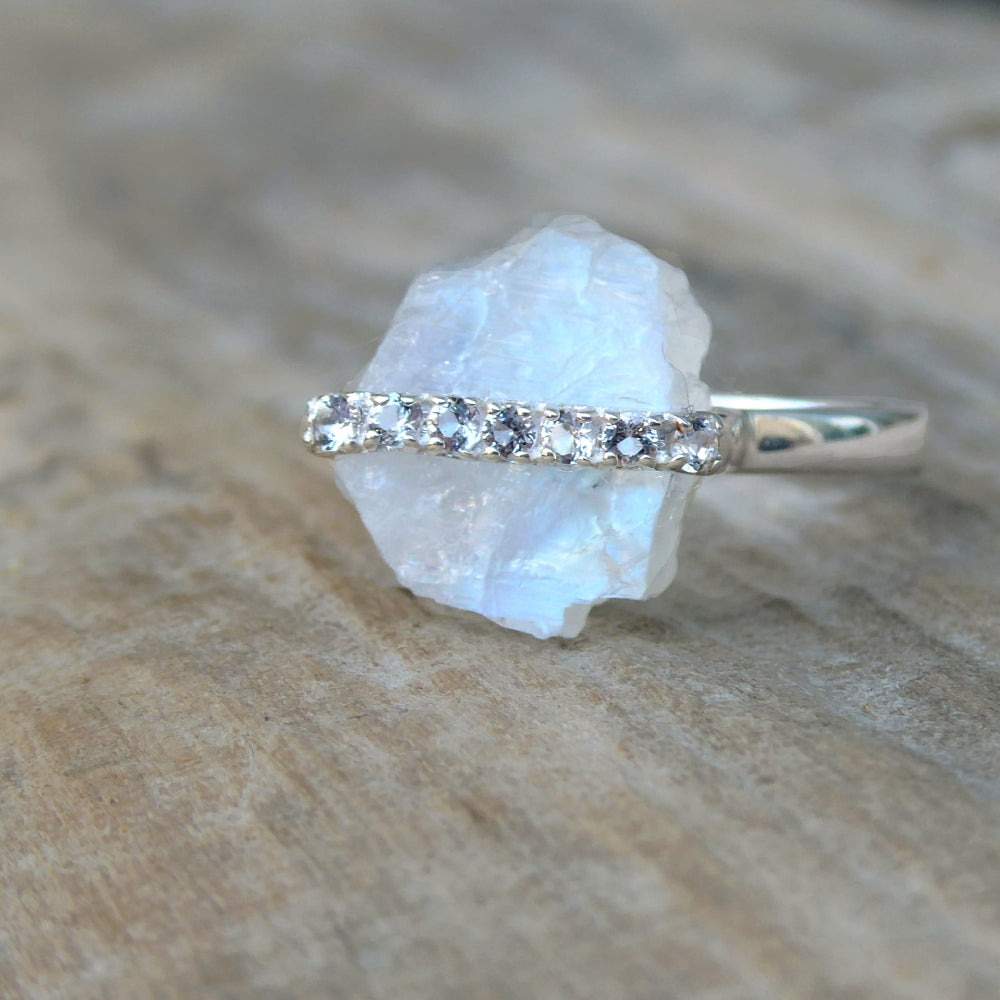 Moonstone Raw Crystal & White Topaz Ring - 925 Sterling Silver