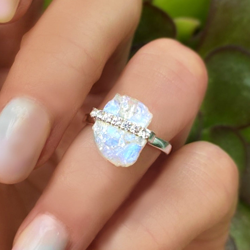 Moonstone Raw Crystal & White Topaz Ring - 925 Sterling Silver