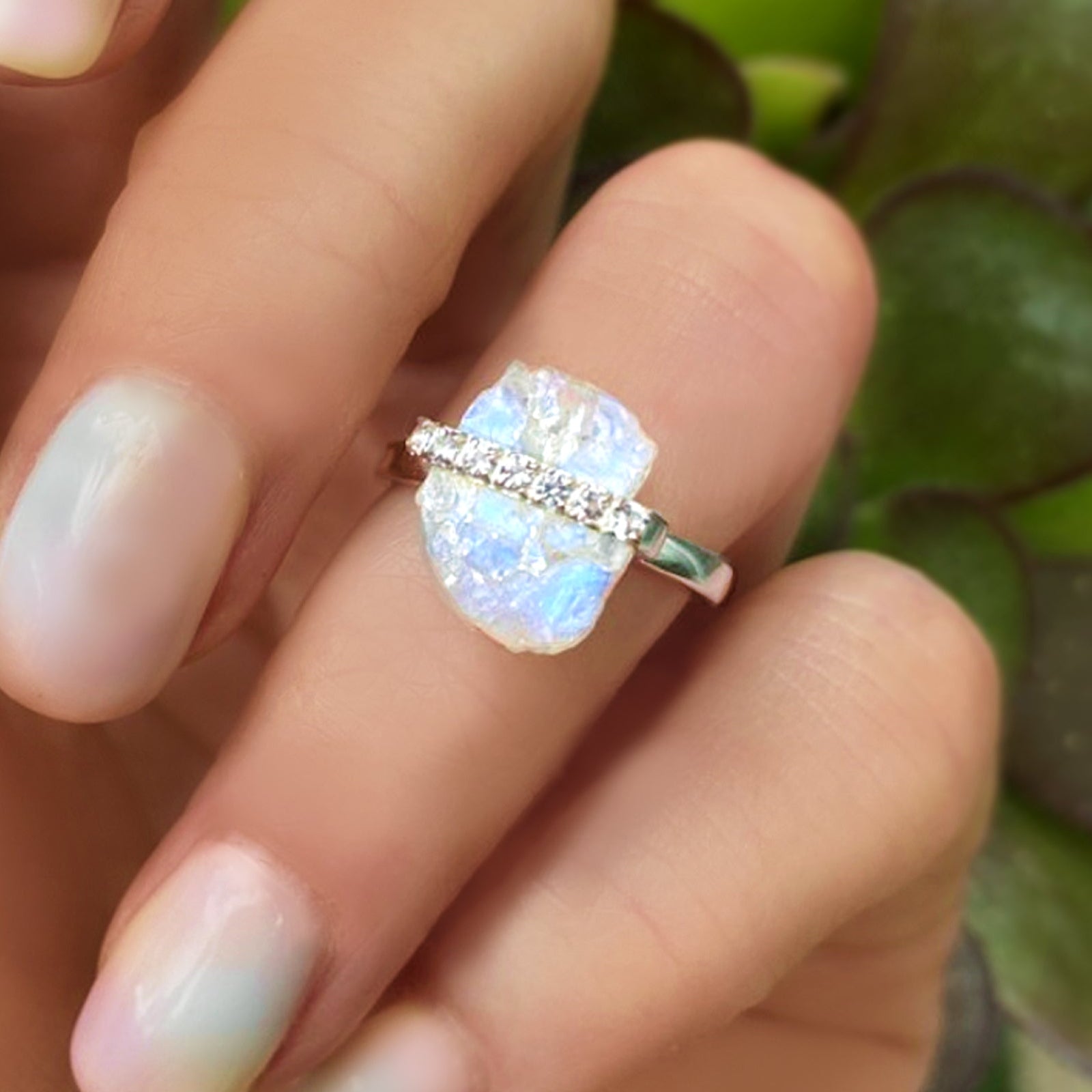 Moonstone Raw Crystal & White Topaz Ring - 925 Sterling Silver