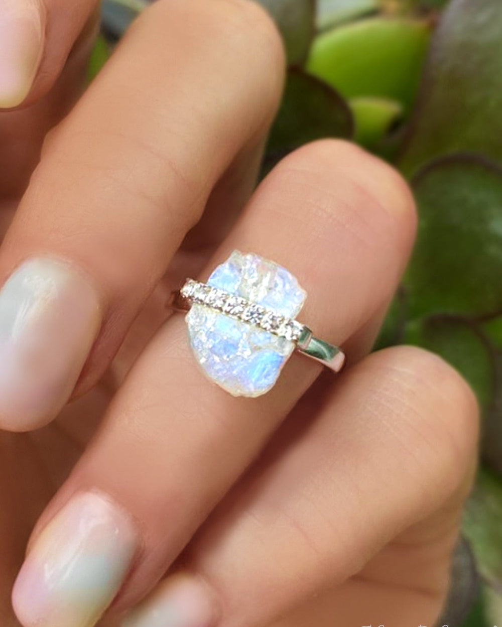 Moonstone Raw Crystal & White Topaz Ring - 925 Sterling Silver