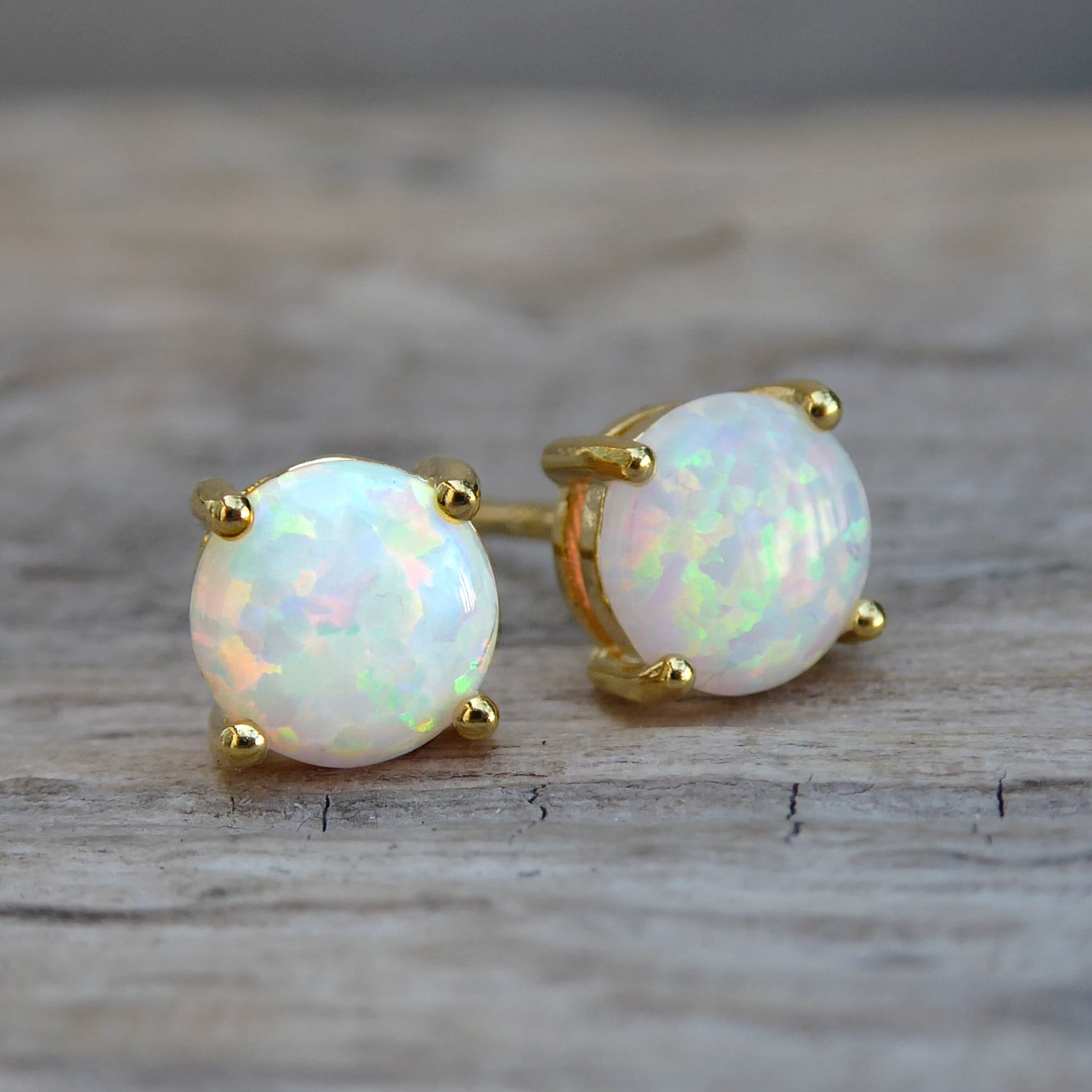 White Fire Opal Stud Earrings For Women