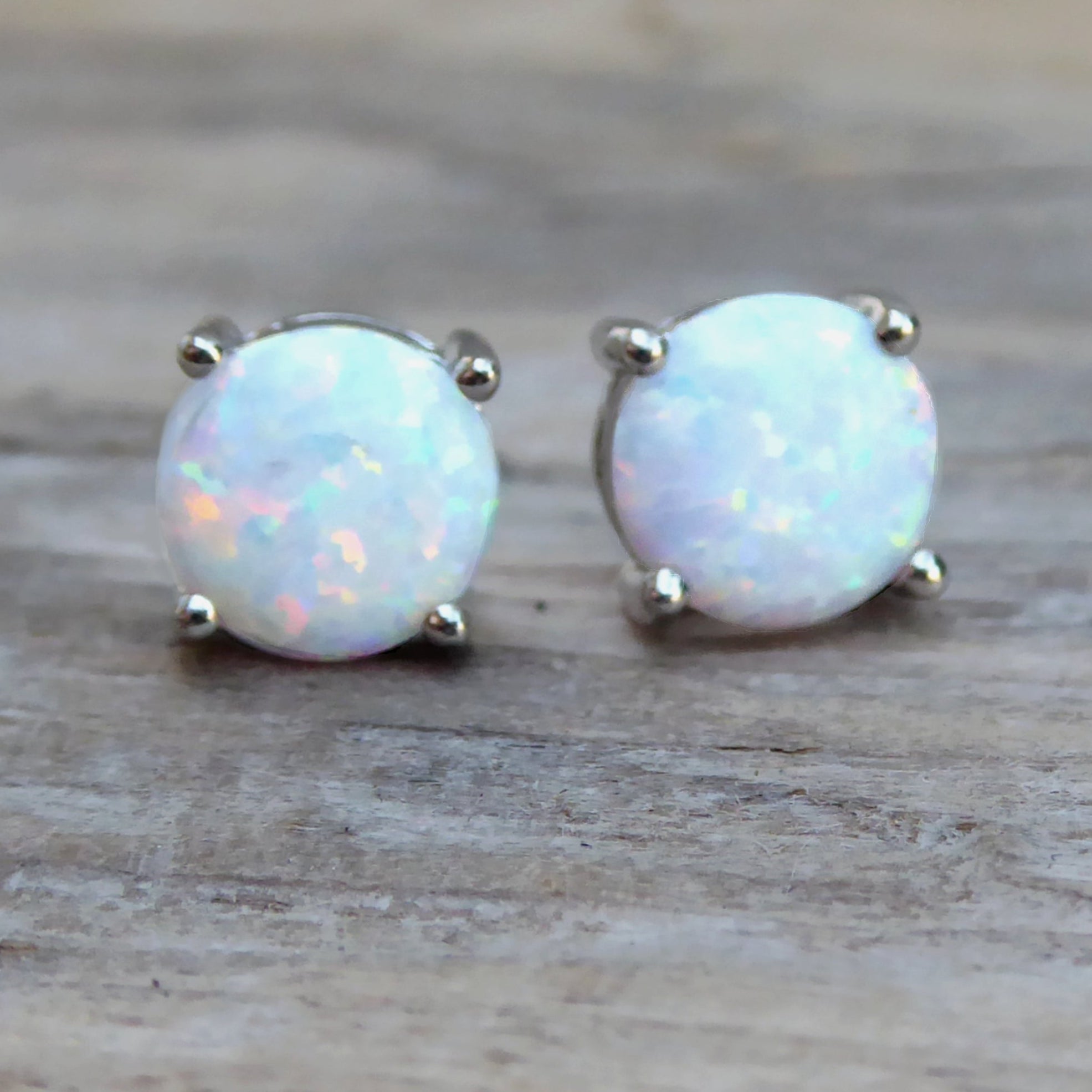 White Fire Opal Stud Earrings For Women