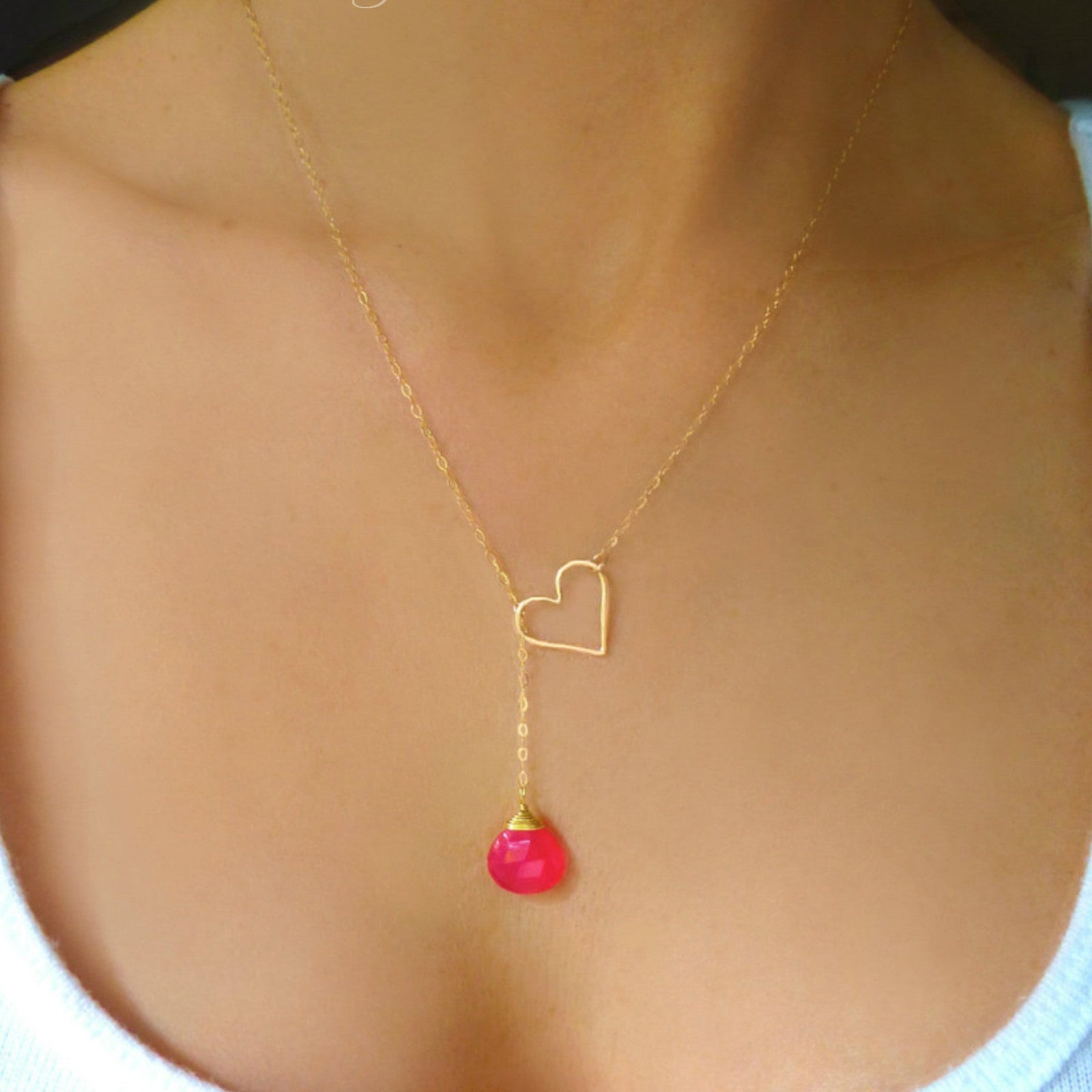 Heart Lariat Necklace With Hot Pink Chalcedony Gemstone - Clasp less Necklace