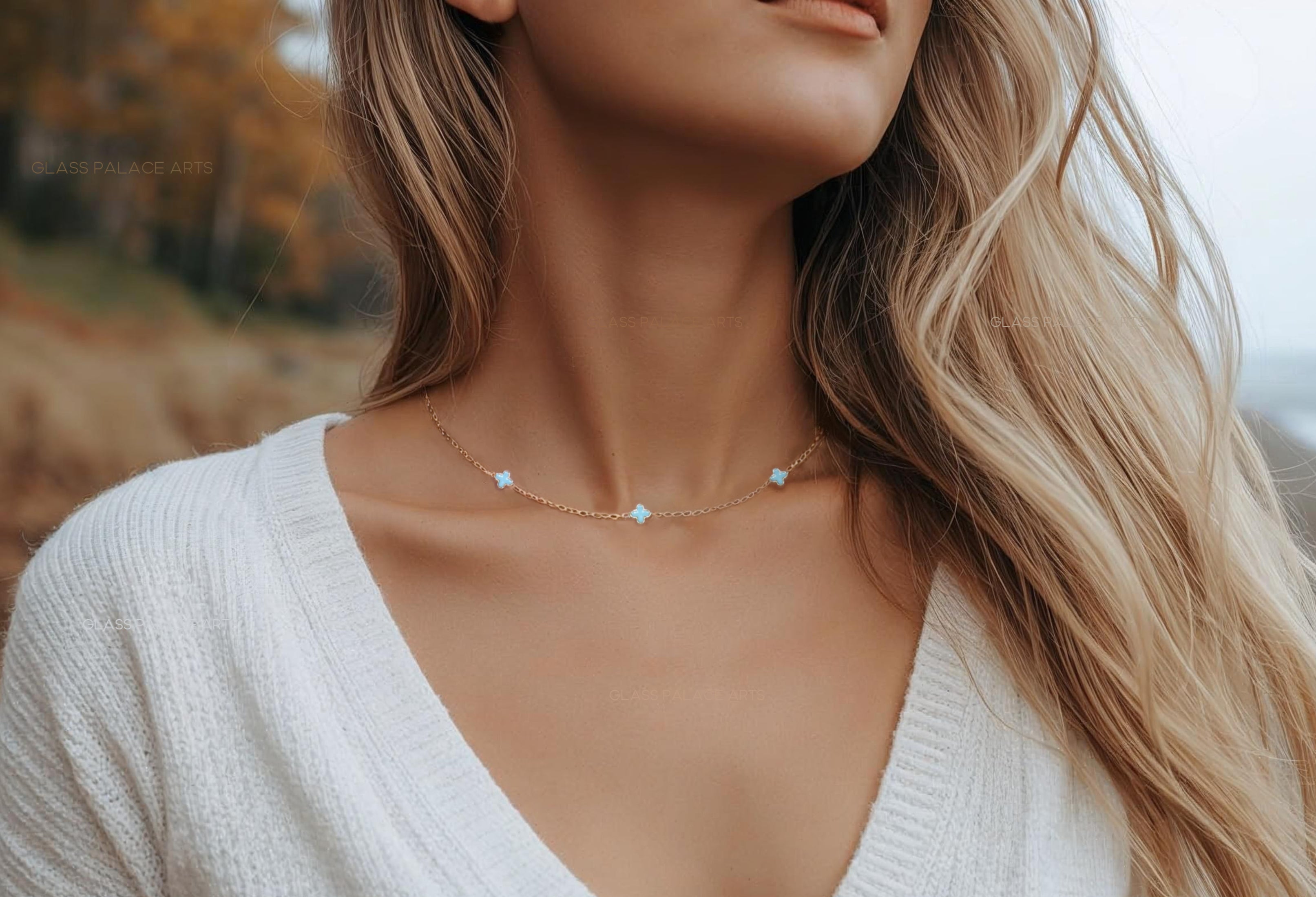 dainty blue four leaf clover choker necklace on woman