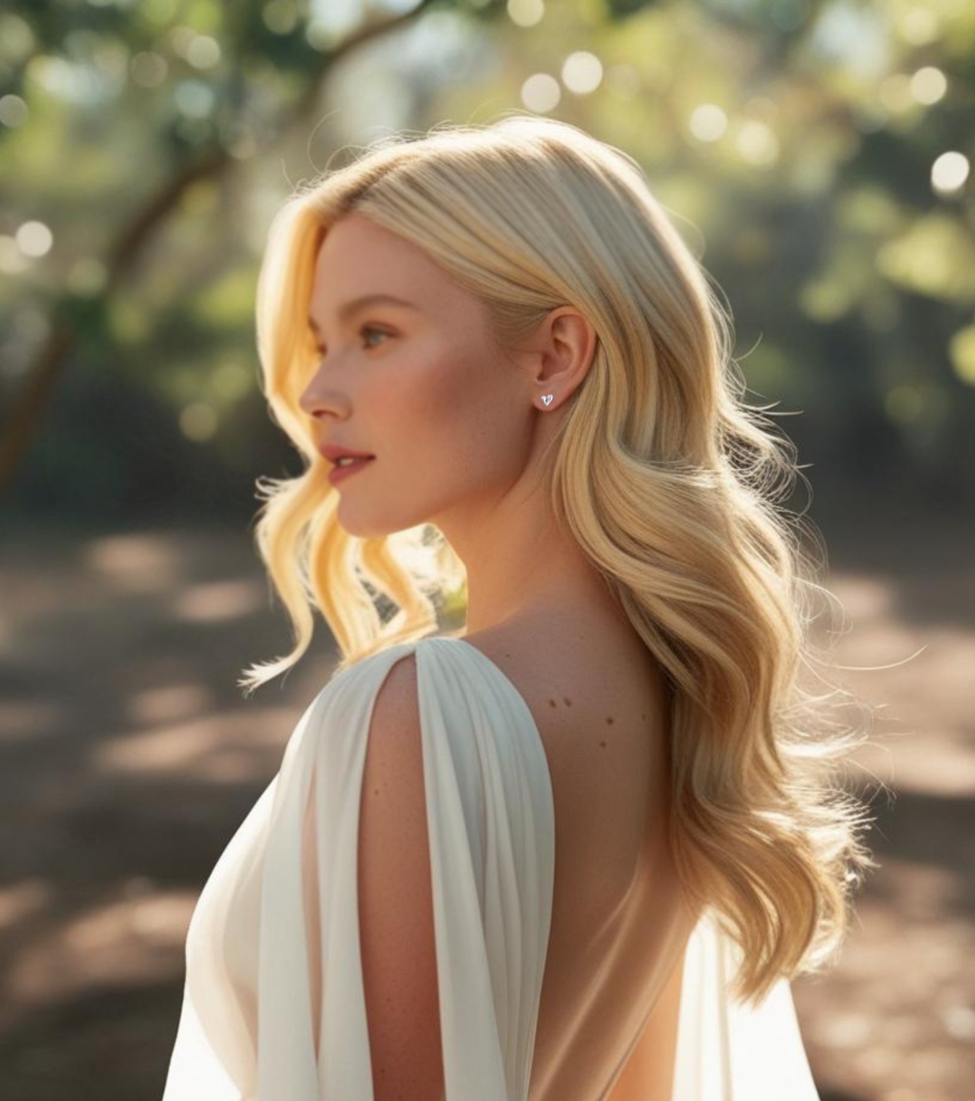 Woman wearing sterling silver heart stud earrings