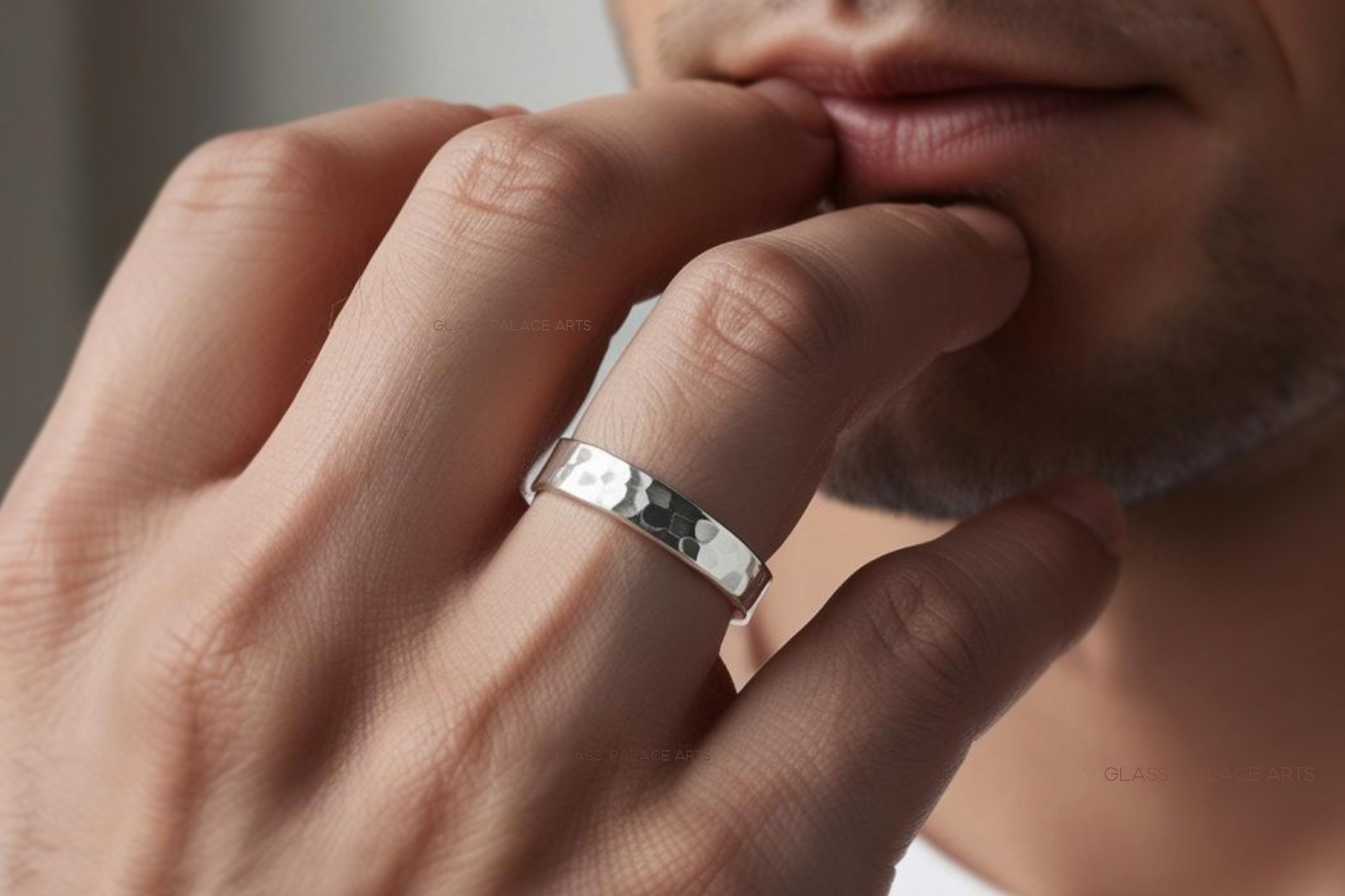 Men's Sterling Silver Hammered Ring Wedding Band 
