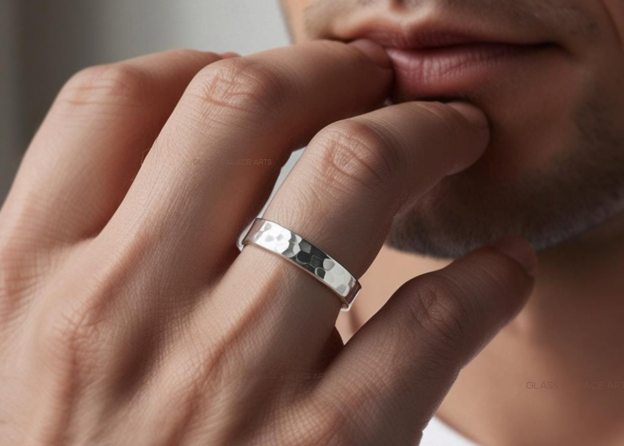 Men's Sterling Silver Hammered Ring Wedding Band 
