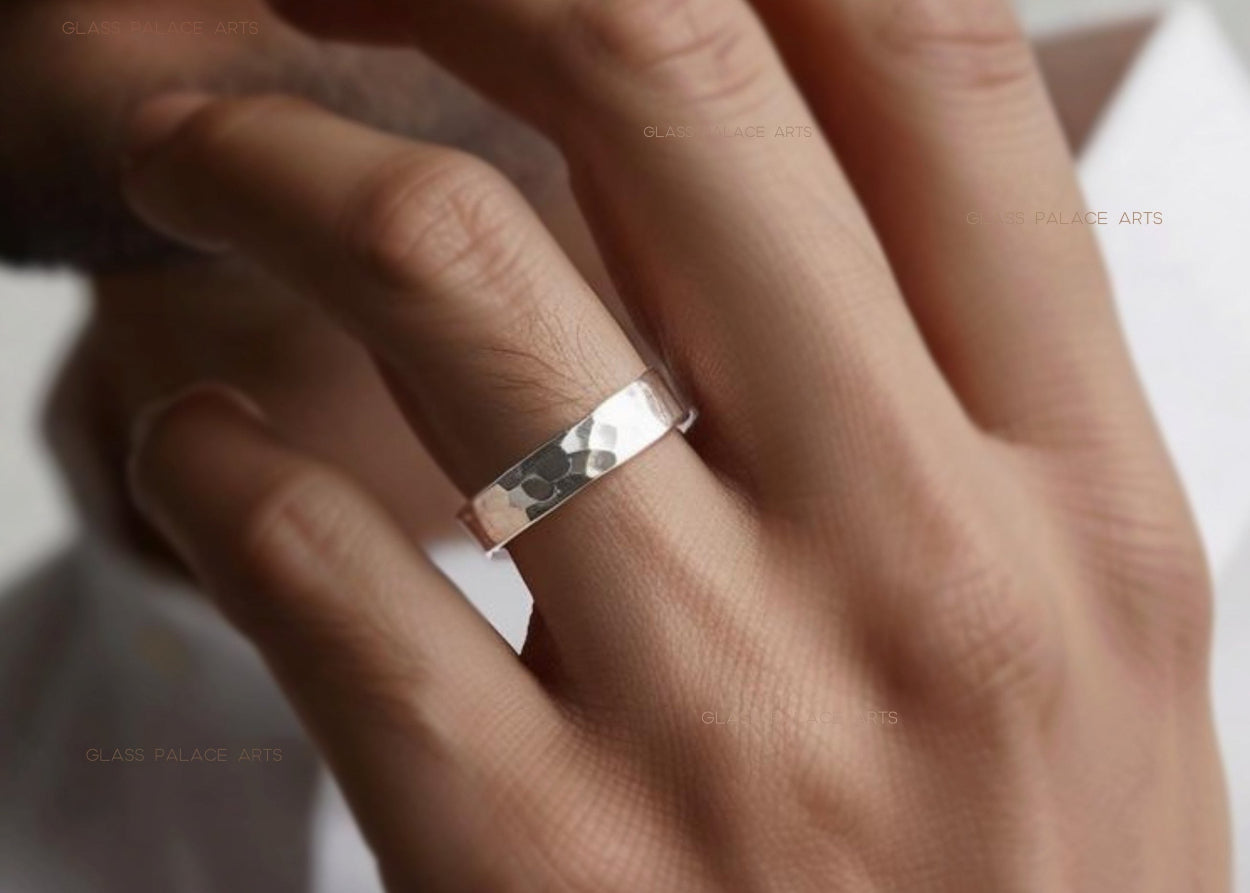 Thick Sterling Silver Hammered Ring for Men - Wedding Band For Him