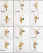 Gold flower necklaces with corresponding birthstones for each month on a white background