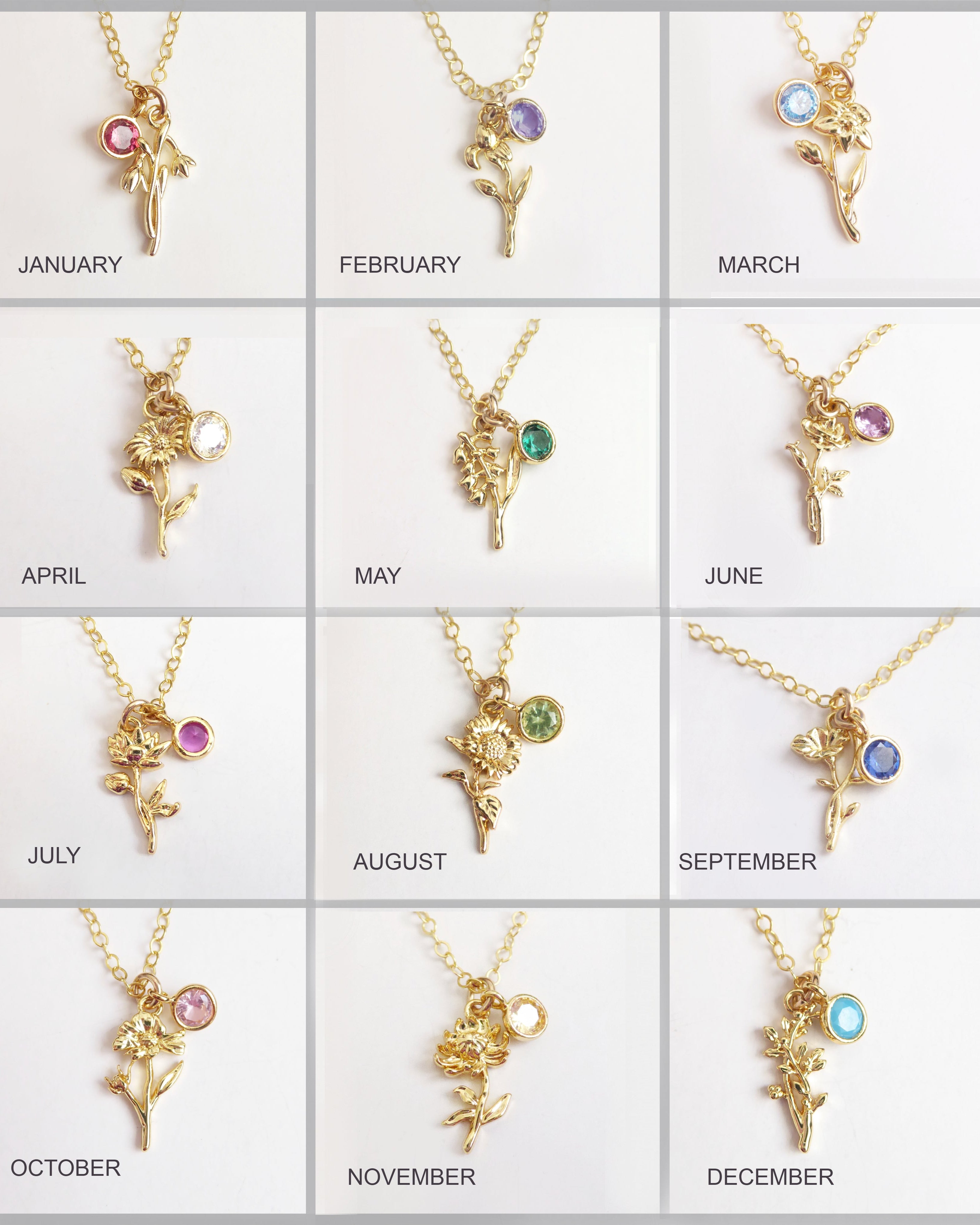 Gold flower necklaces with corresponding birthstones for each month on a white background