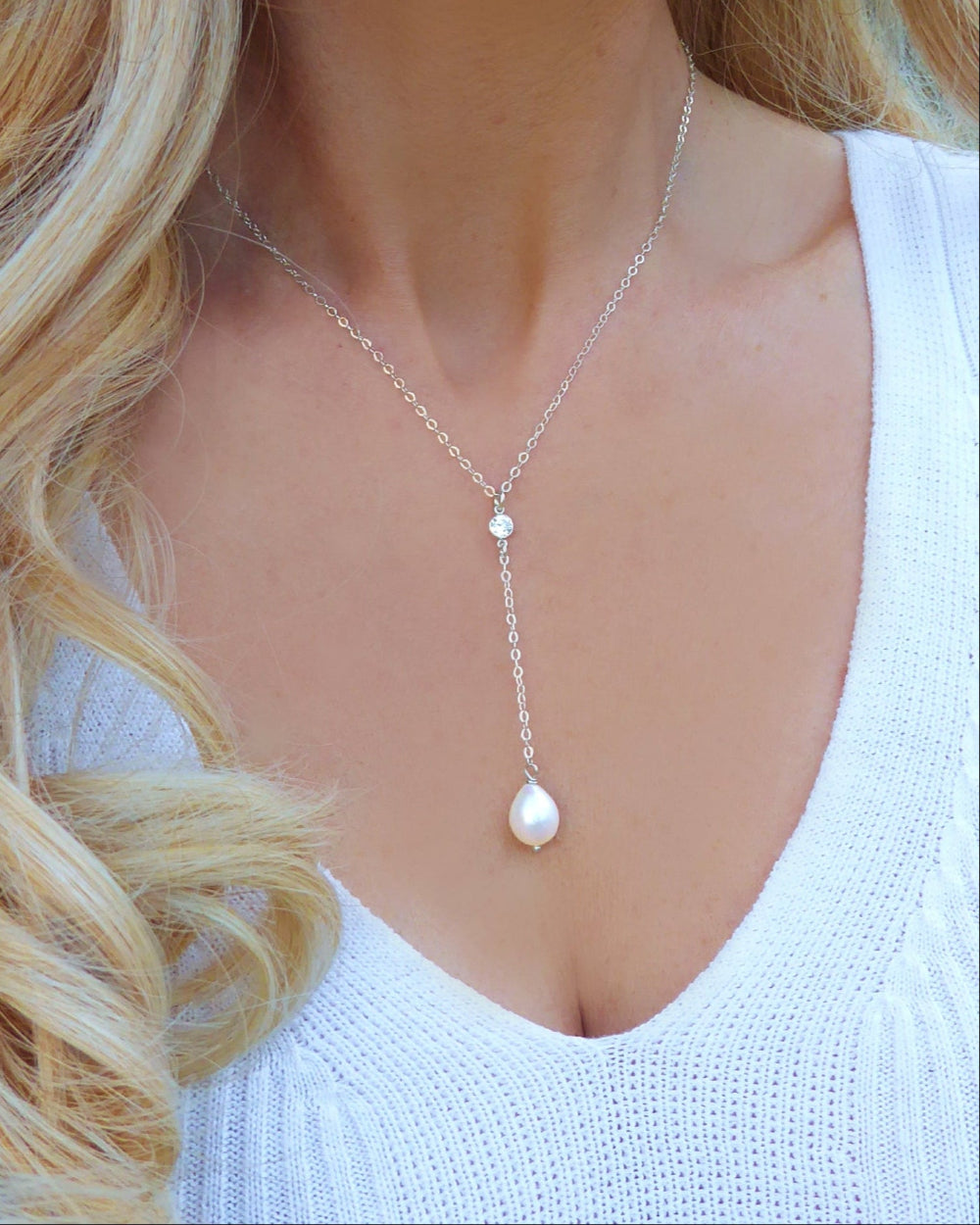 Freshwater Pearl and Cubic Zirconia Lariat Pendant Necklace