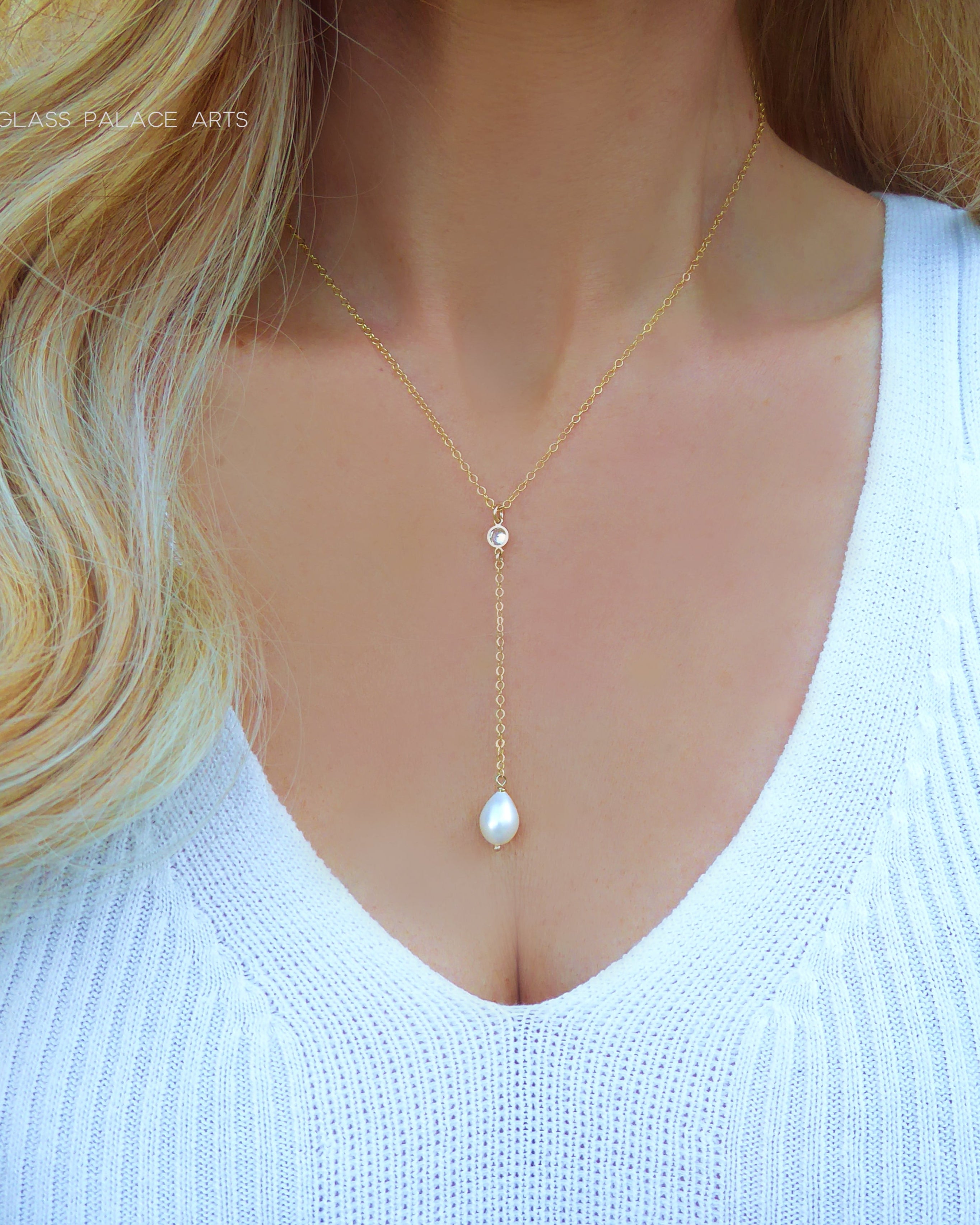 Freshwater Pearl and Cubic Zirconia Lariat Pendant Necklace