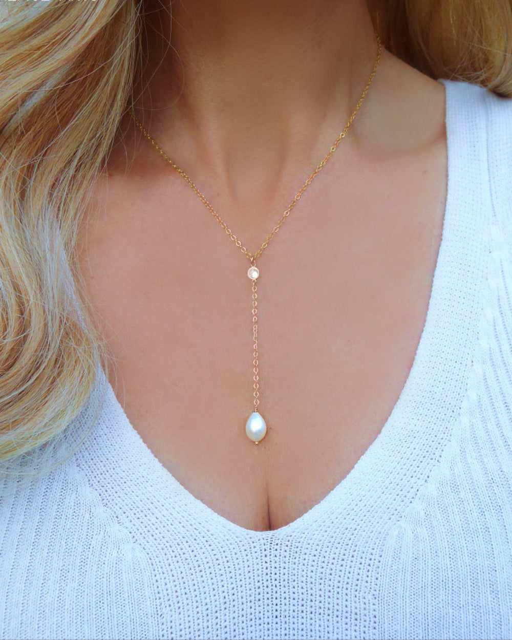 Freshwater Pearl and Cubic Zirconia Lariat Pendant Necklace