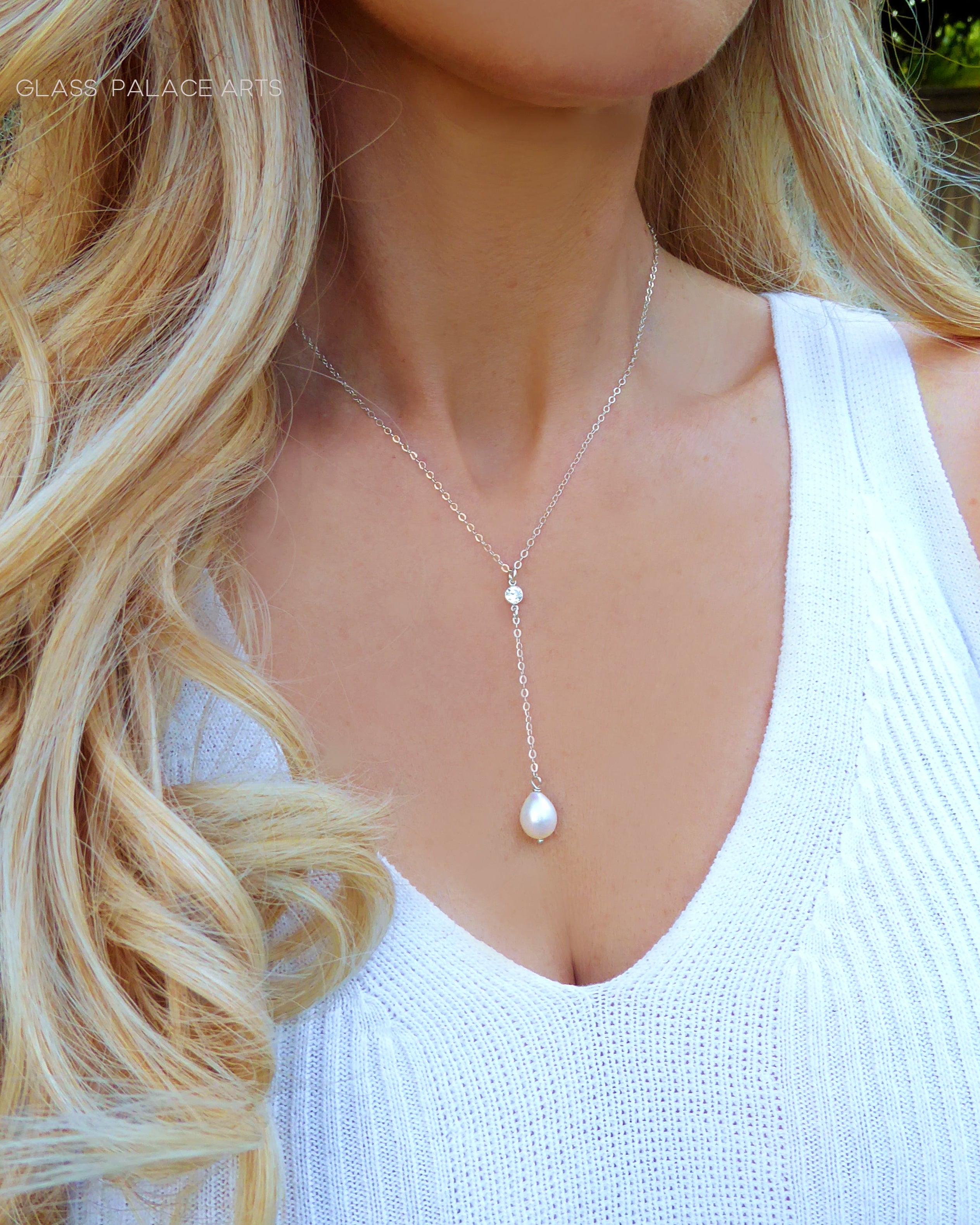 Freshwater Pearl and Cubic Zirconia Lariat Pendant Necklace
