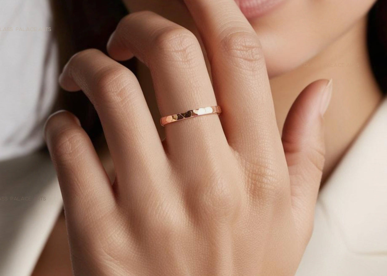 Simple Rose Gold Ring For Women, Hammered Rose Gold Fill Wedding Band, 2mm