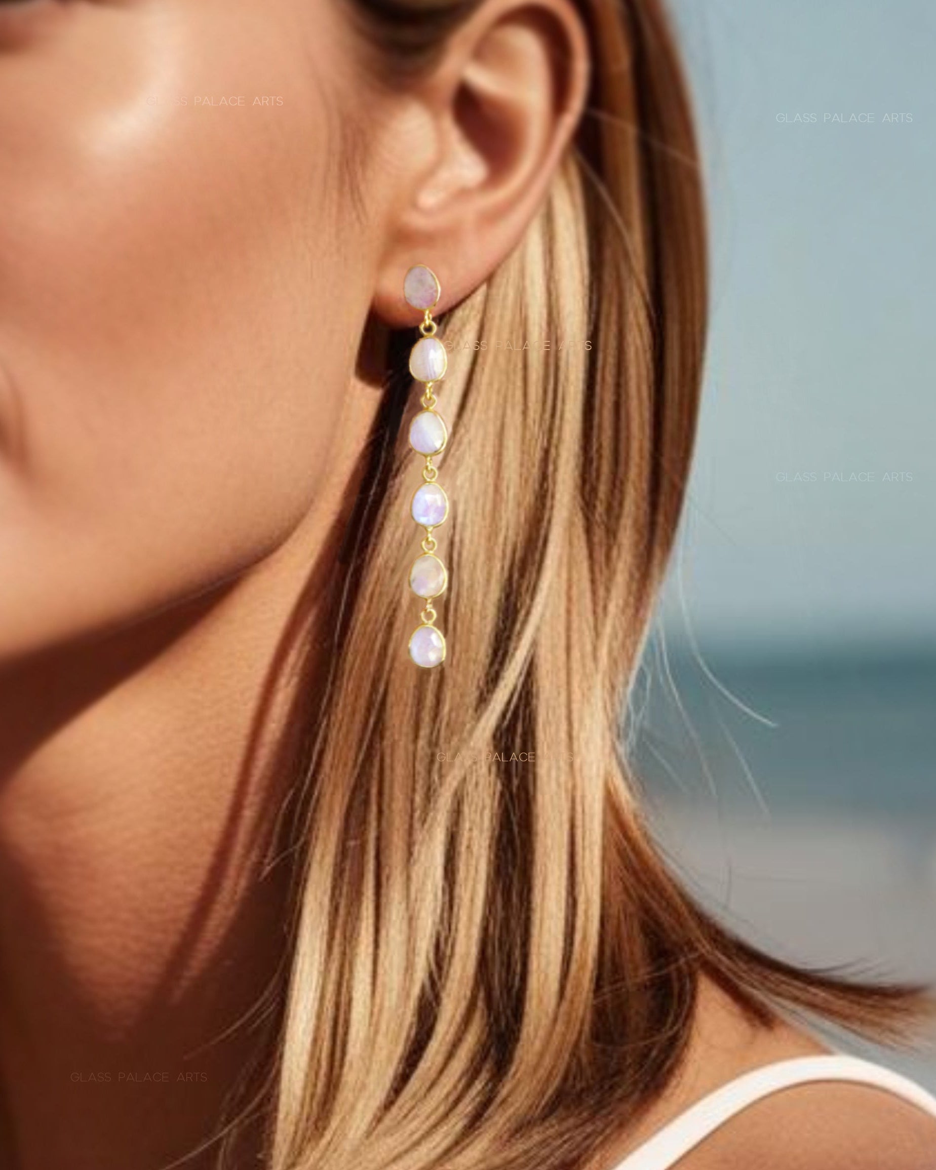 Gold Moonstone Drop Earrings - Long Faceted Gemstone Stud Earrings