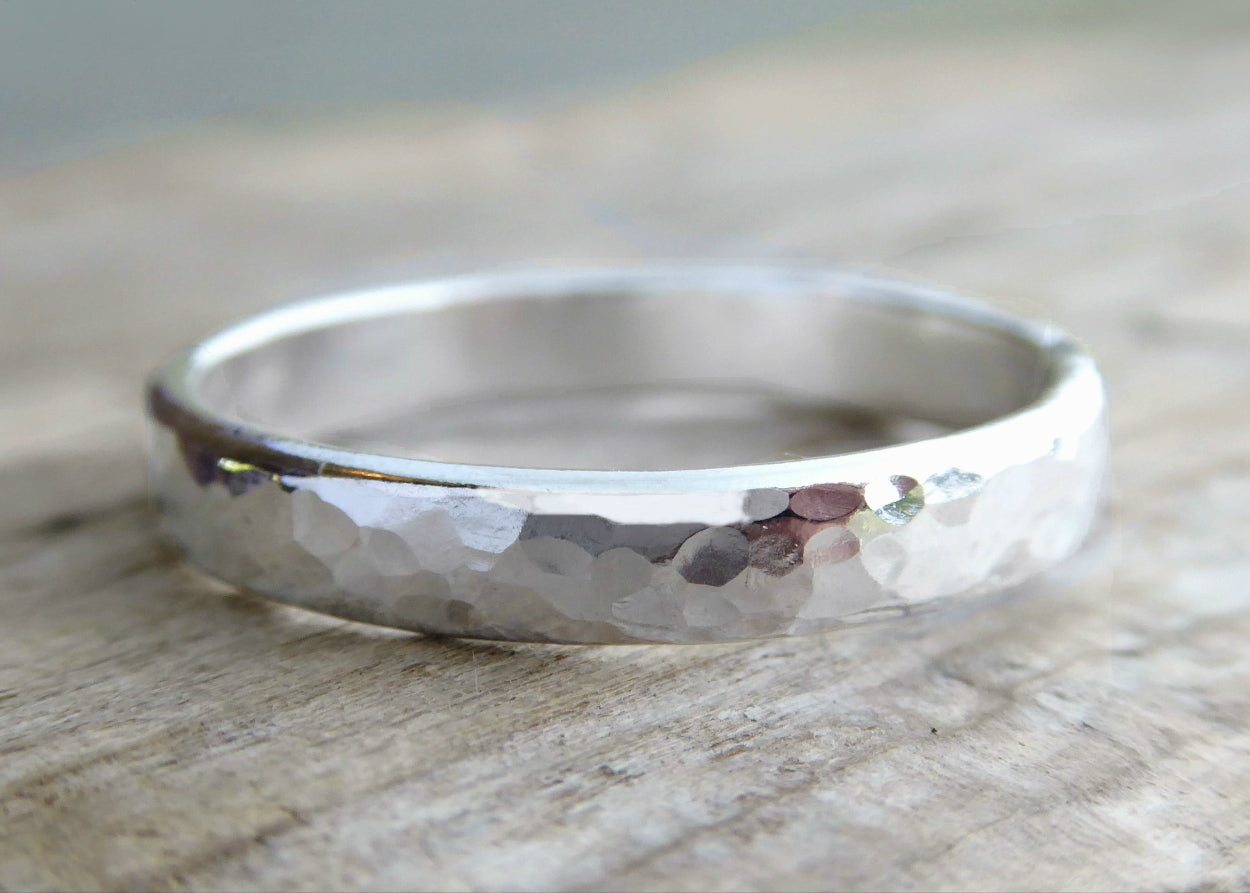 4mm Sterling Silver Hammered Ring for Men - Wedding Band For Him