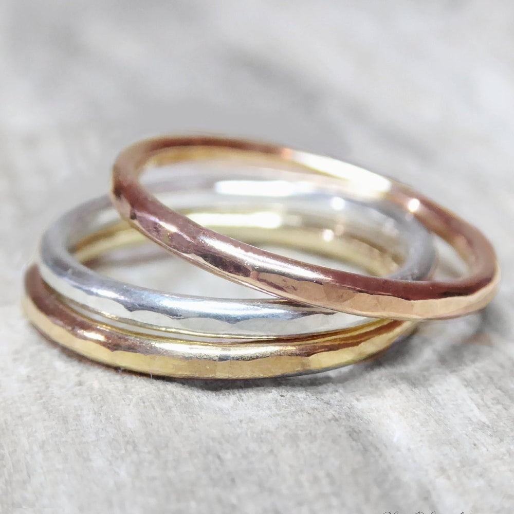 Mixed Metal Three Ring Stacking Set For Women - Hammered Sterling 