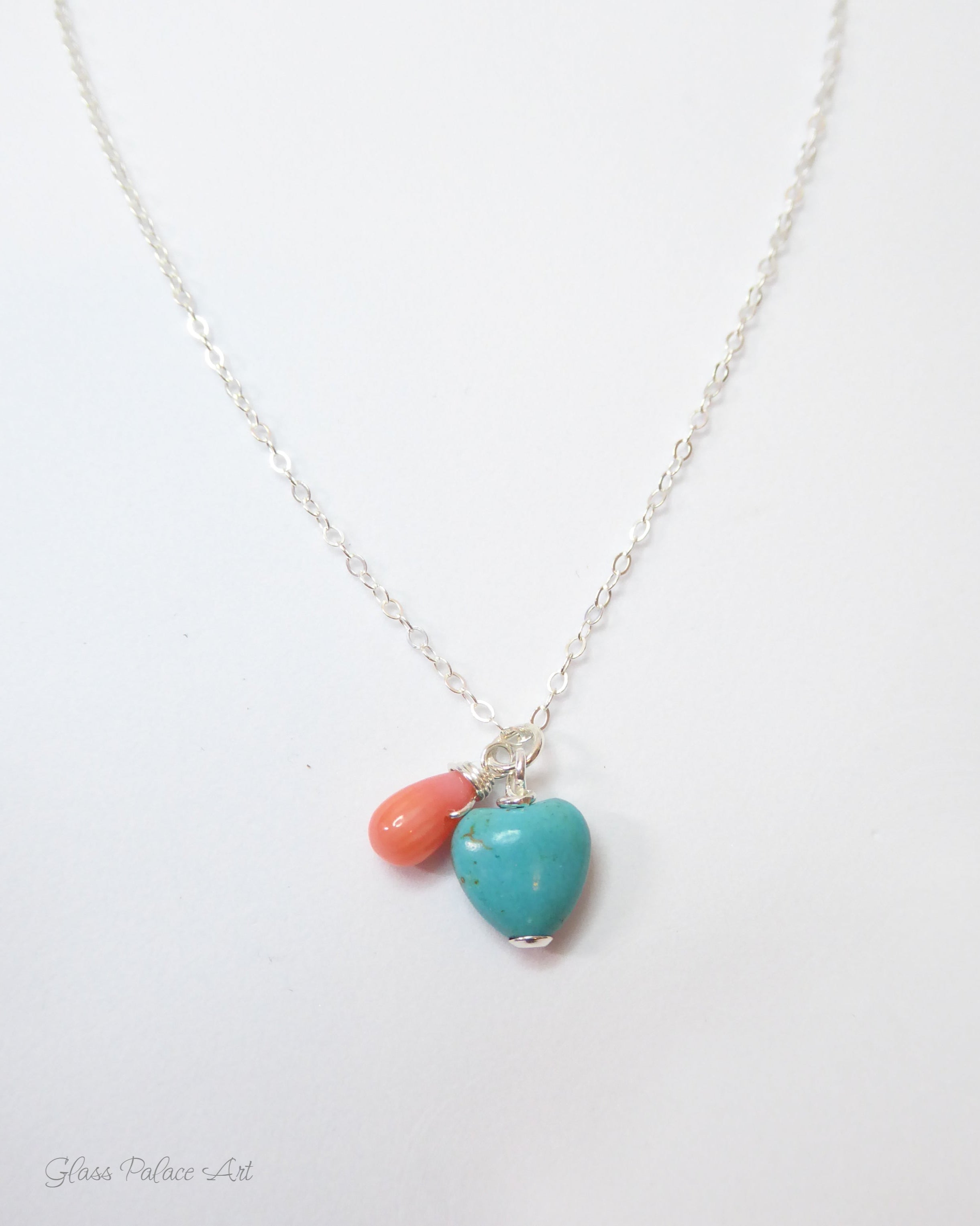 Turquoise Heart And Coral Teardrop Charm Necklace