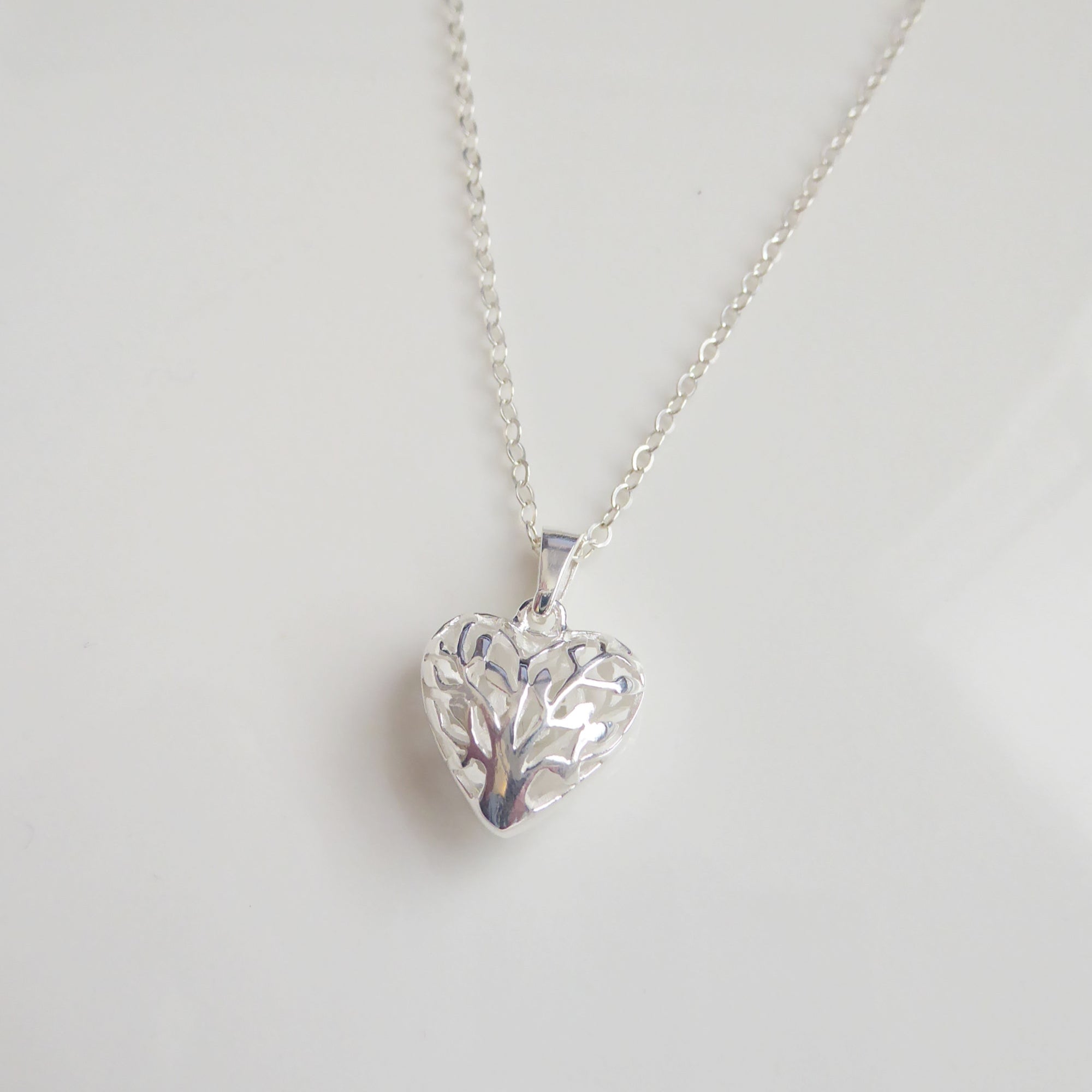Sterling Silver Puff Heart Necklace With Filigree Tree Of Life Design