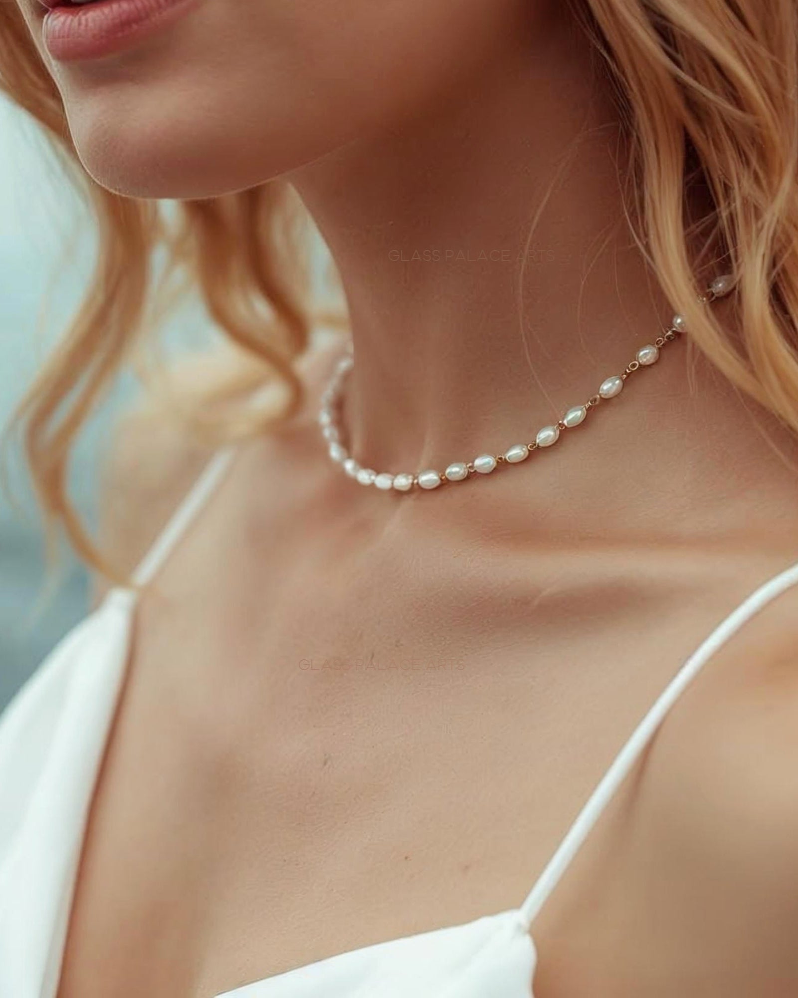 Dainty Freshwater Pearl Choker - Beaded 14k Gold Fill Chain Bridal Necklace