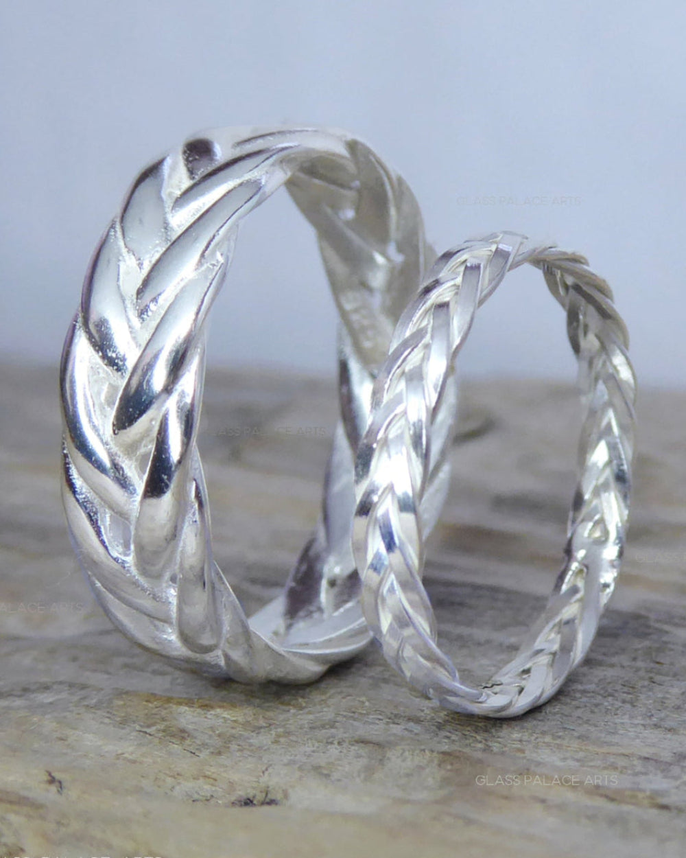 Braided Wedding Ring Set For Couples Sterling Silver, Weaved Wreath Matching His and Hers Bands 6mm & 2.5mm