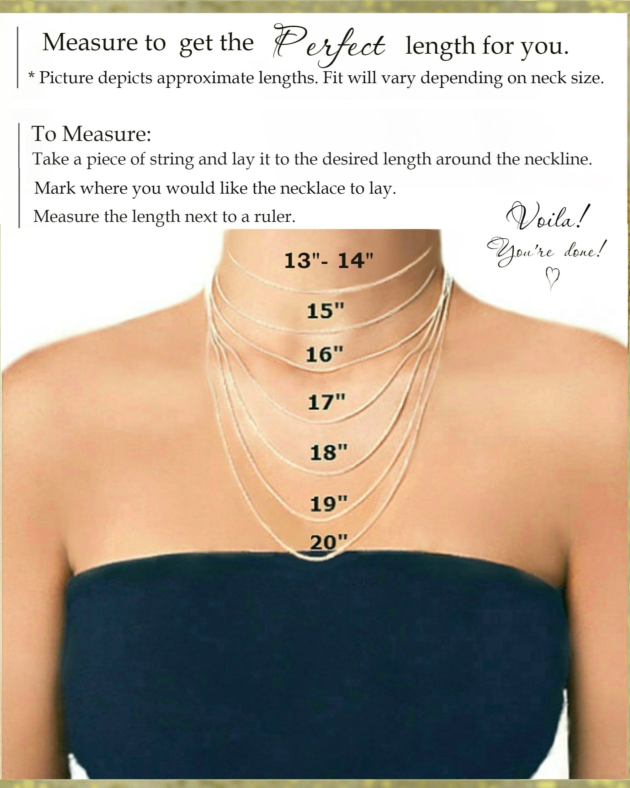 Measurement chart for necklaces on a person's neck with labeled lengths.