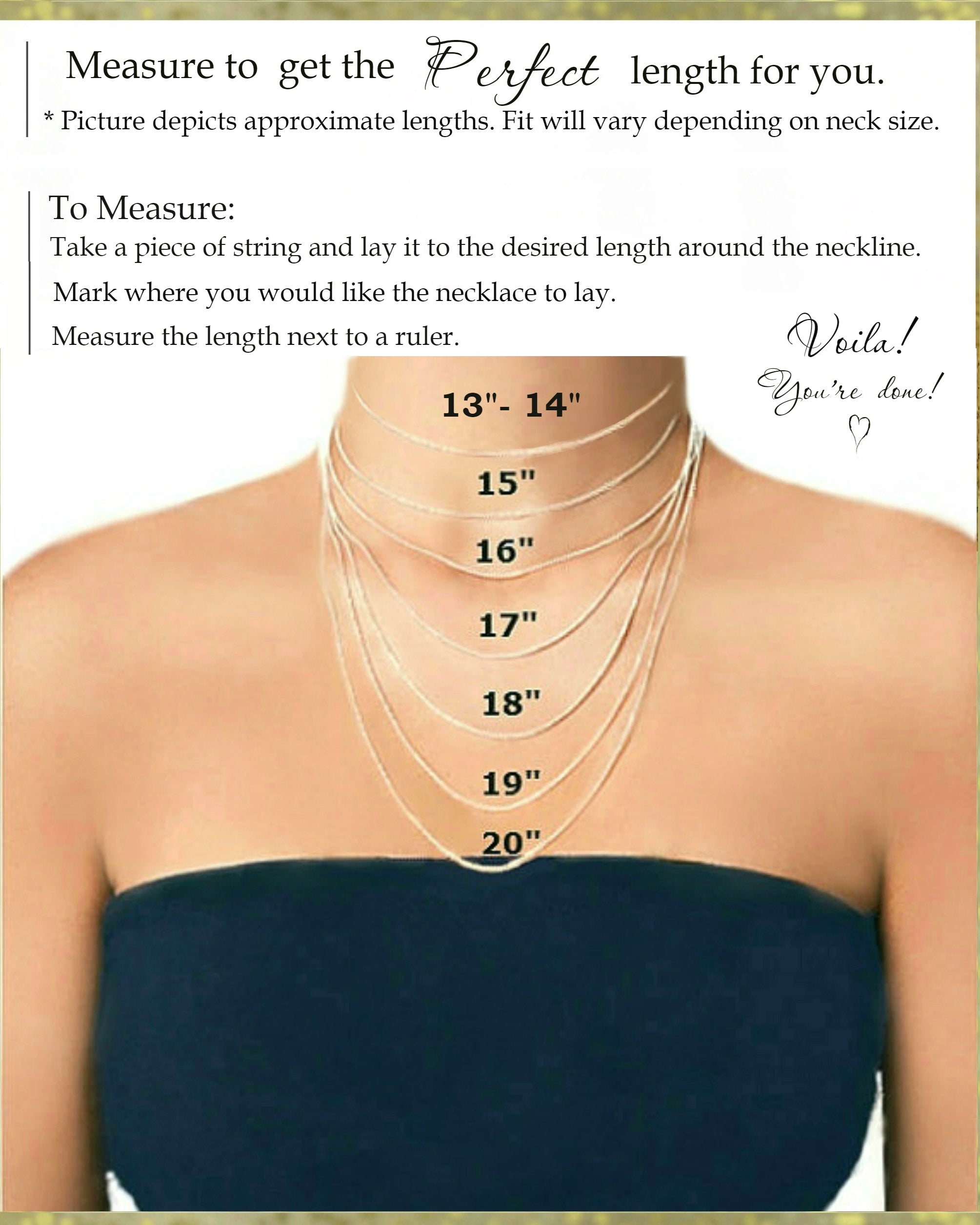 Measurement chart for necklaces on a person's neck with labeled lengths.
