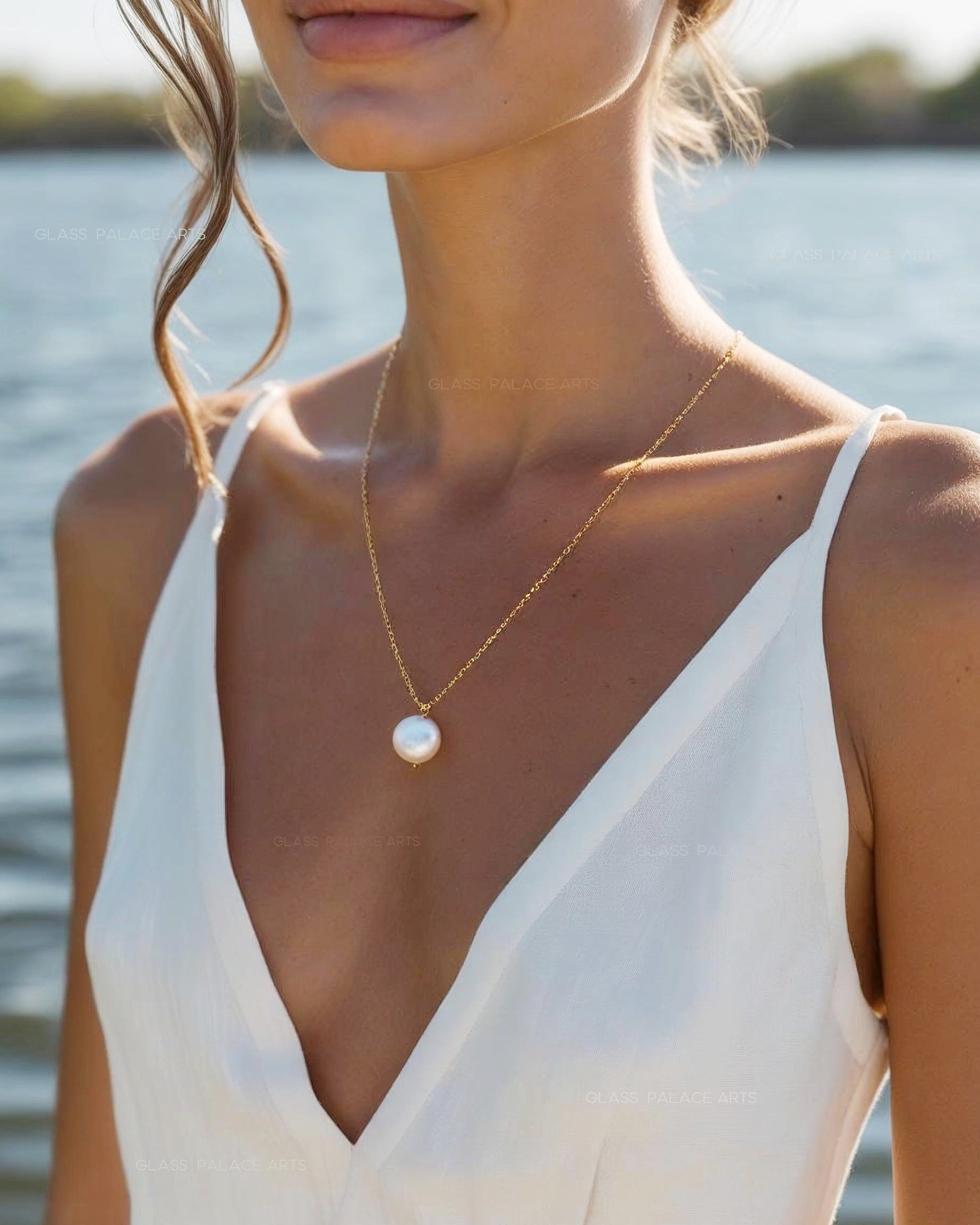 Freshwater Coin Pearl Necklace, 14k Gold Genuine Pearl Necklace For Women, Simple Minimalist Bridal
